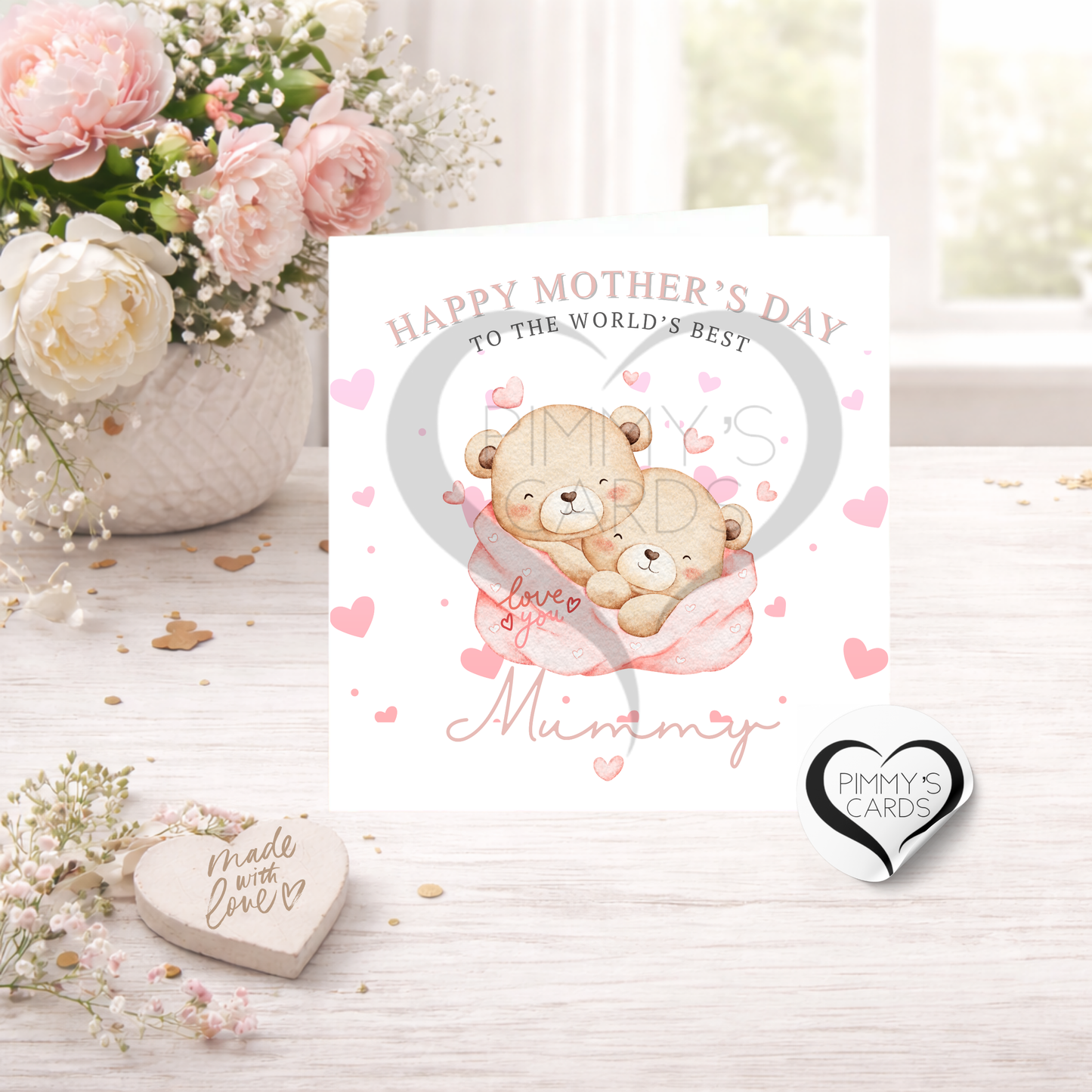 Mumma Bear Cuddling Her Baby Bear Pink Theme - Mother's Day Classic Card