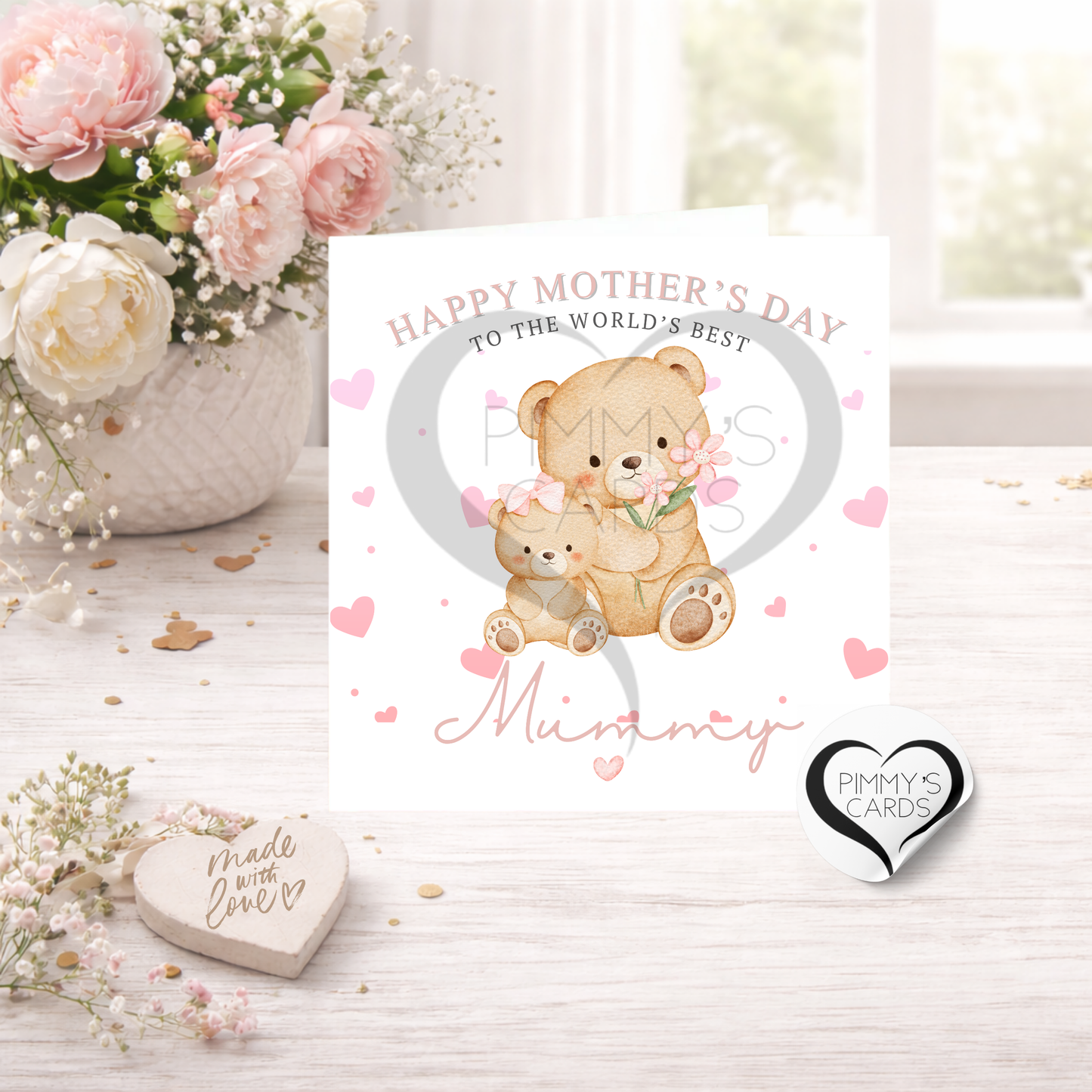 Mumma Bear Holding Flowers With Baby Bear Pink Theme - Mother's Day Classic Card