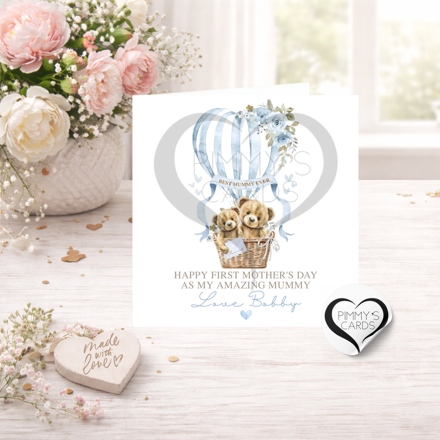 Teddy Bears Blue Hot Air Balloon-Mother's Day Classic Card