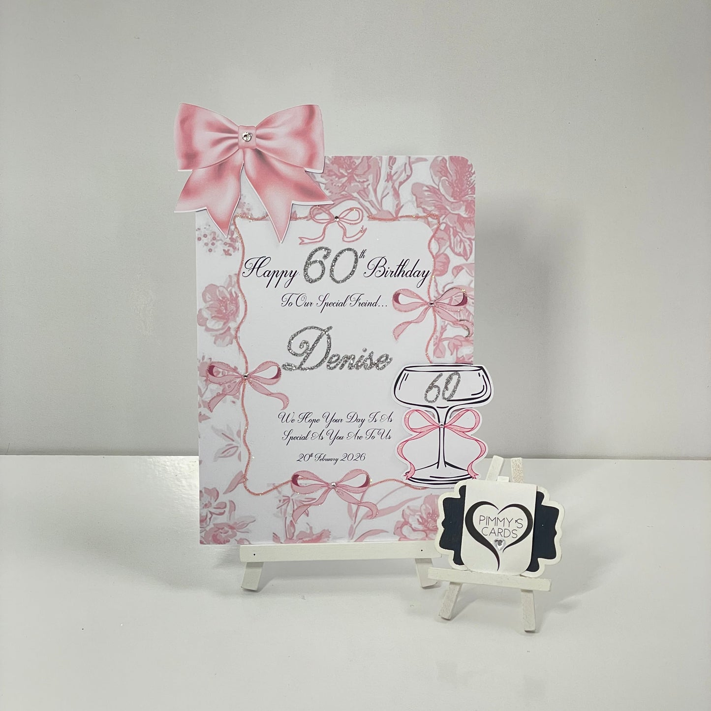 Pink Bow Toile Theme 3D Cocktail Glass Pop Out Card-A5 Small Card With Matching Gift Bag