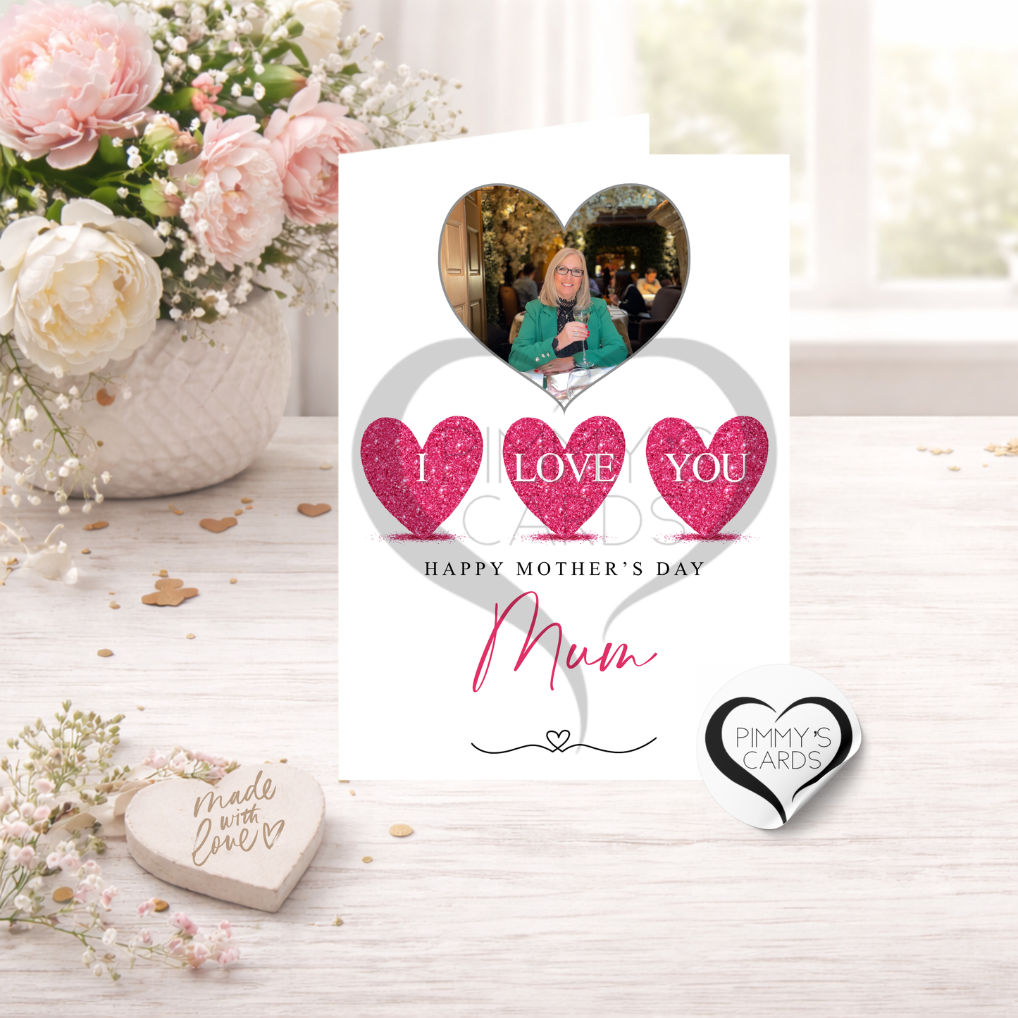 Heart Photo 3 Pink Hearts I Love You-Mother's Day Classic Card