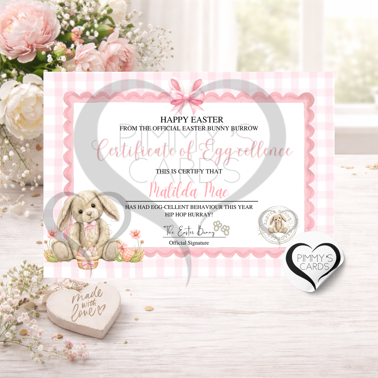 Personalised Pink Easter Bunny Certificate With Matching Classic Easter Card, Children's Keepsake Gift