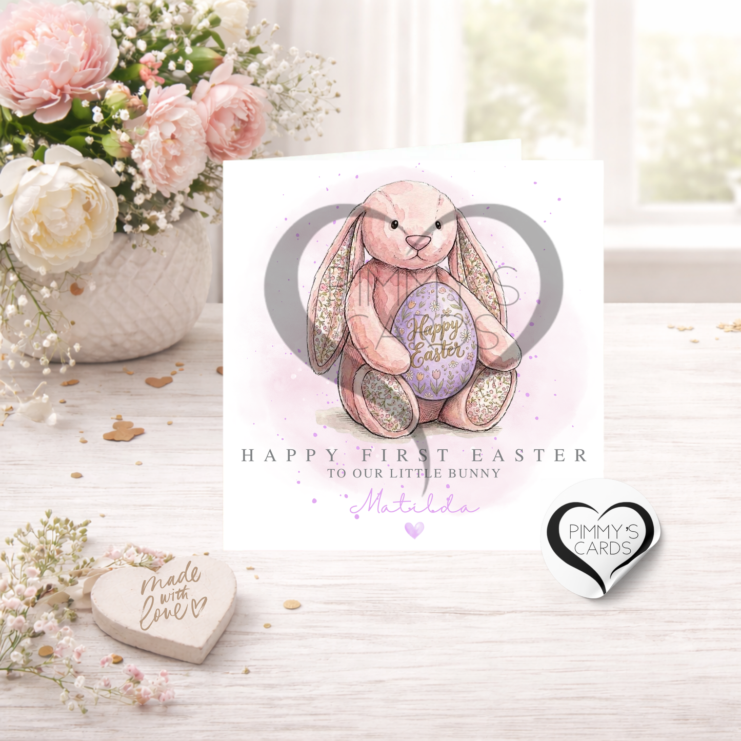 Lilac & Pink Jellycat Inspired Bunny Holding Easter Egg -Classic Easter Card
