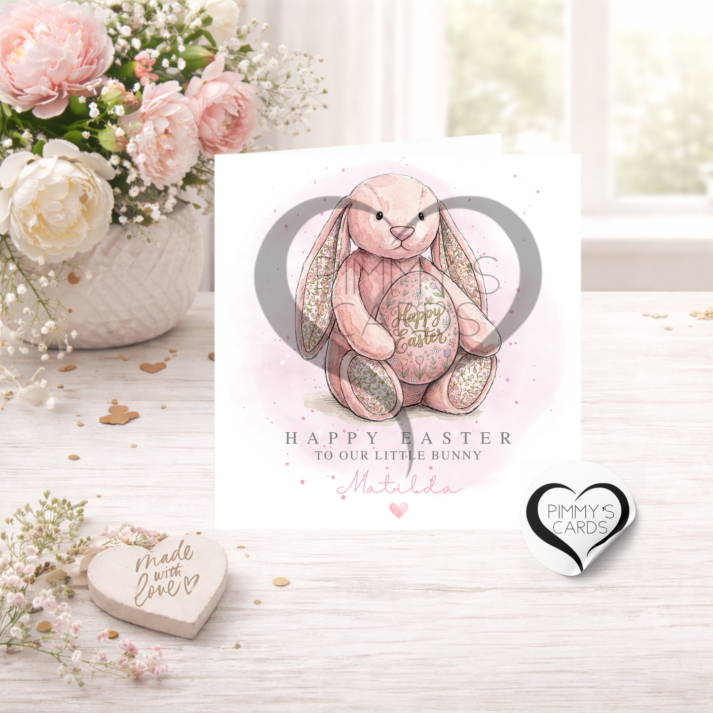 Pink Jellycat Inspired Bunny Holding Easter Egg -Classic Easter Card