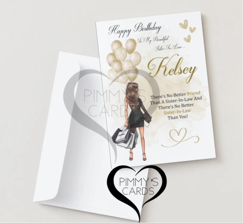 Personalised birthday cards for women and girls. Gold theme birthday card