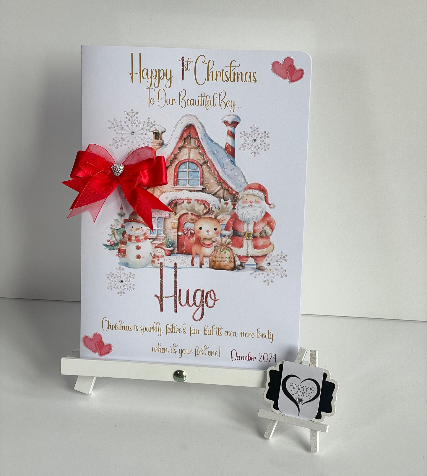 First Christmas personalised cards Santa's north pole theme red bow