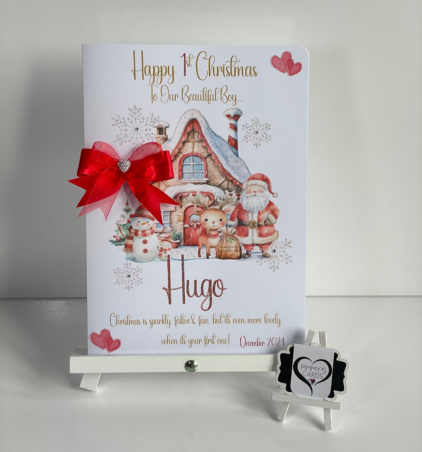 First Christmas personalised cards Santa's north pole theme red bow