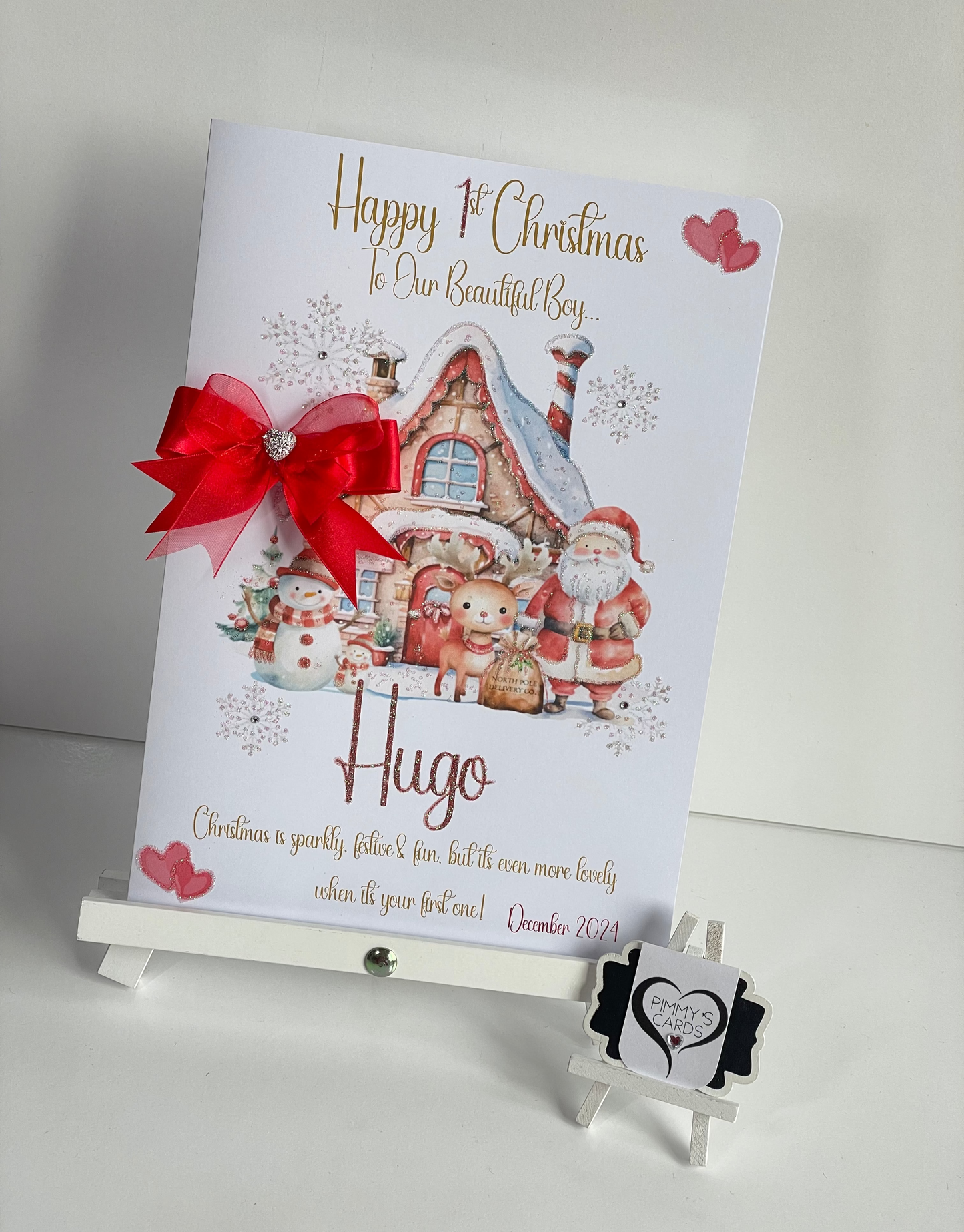 First Christmas personalised cards Santa's north pole theme red bow