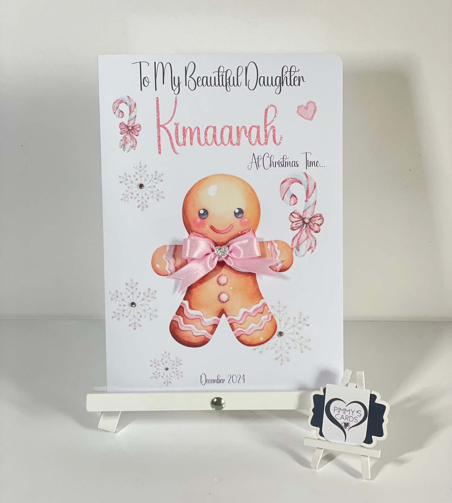 Personalised Christmas cards Pink Gingerbread Candy cane theme