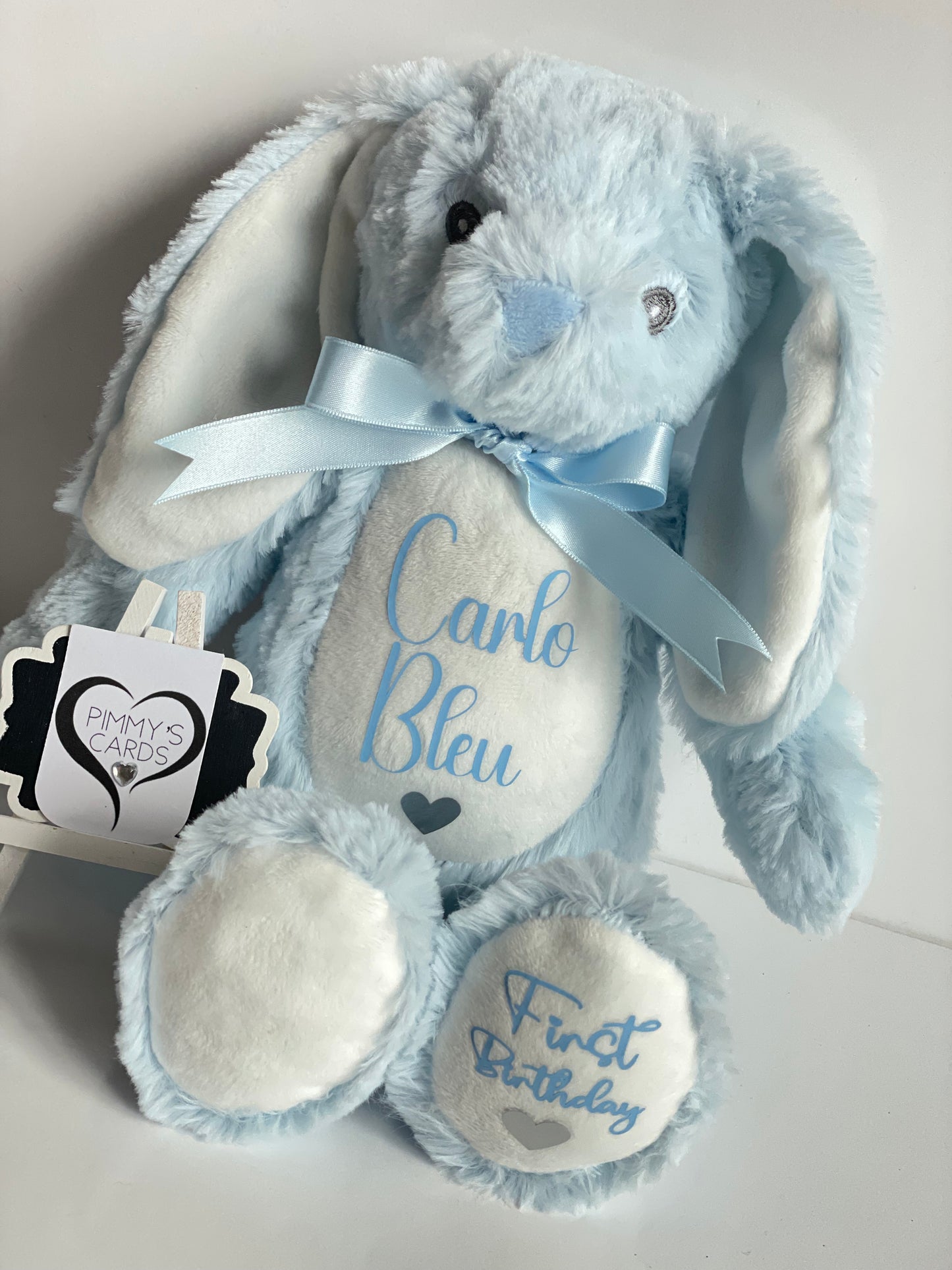 First Birthday Baby Blue Bunny - Pimmy's Soft Cuddlers