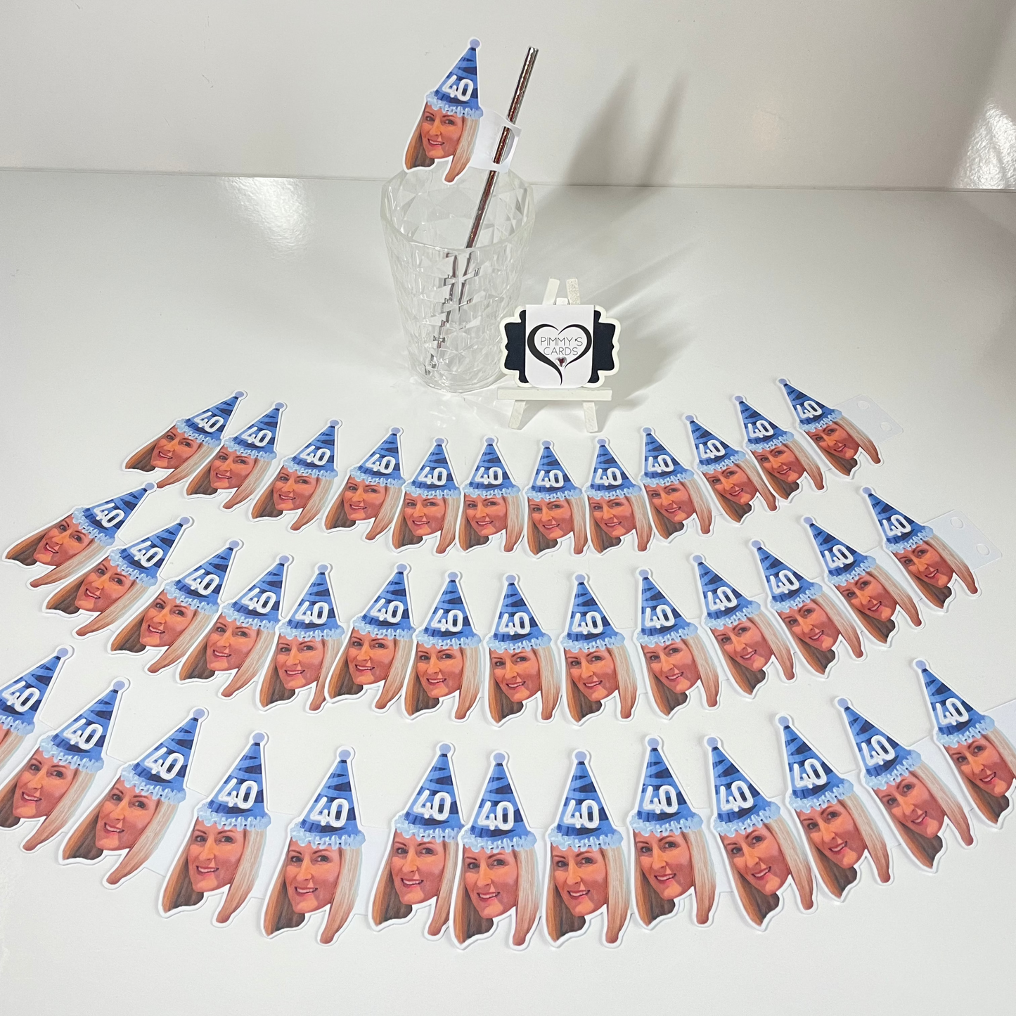 Personalised Face AGE Party Hat Straw Toppers - Navy Party Hat - Pack Of 16 Faces