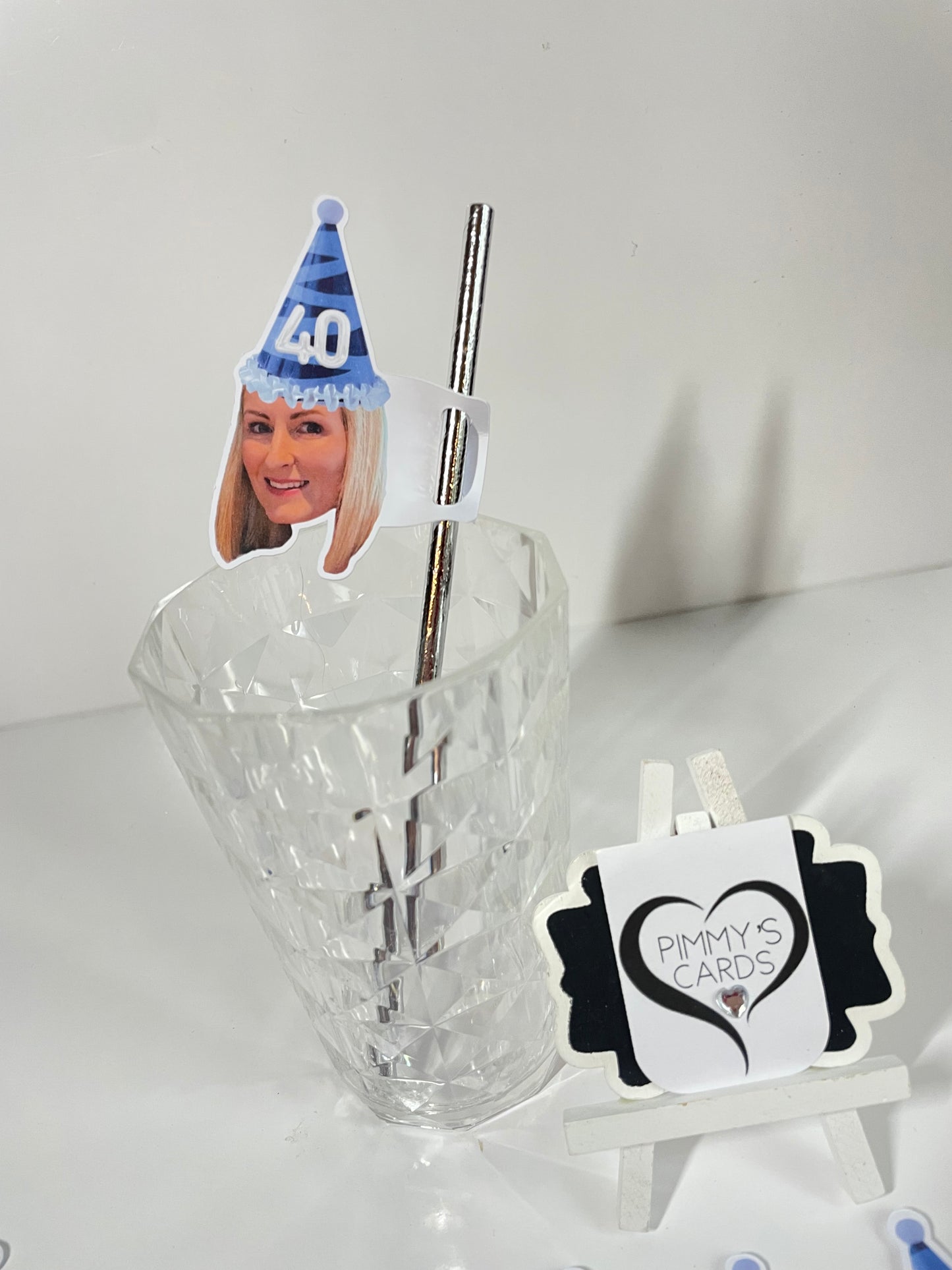 Personalised Face AGE Party Hat Straw Toppers - Navy Party Hat - Pack Of 16 Faces
