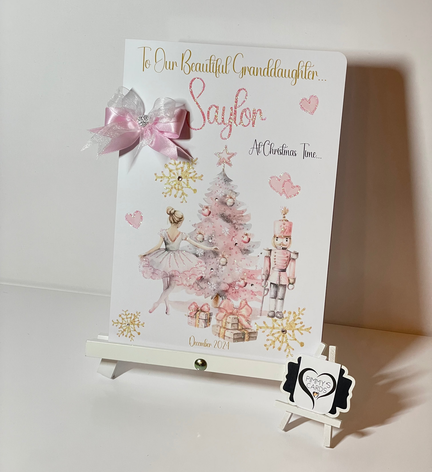 Personalised Christmas cards. Pink nutcracker Christmas tree theme.