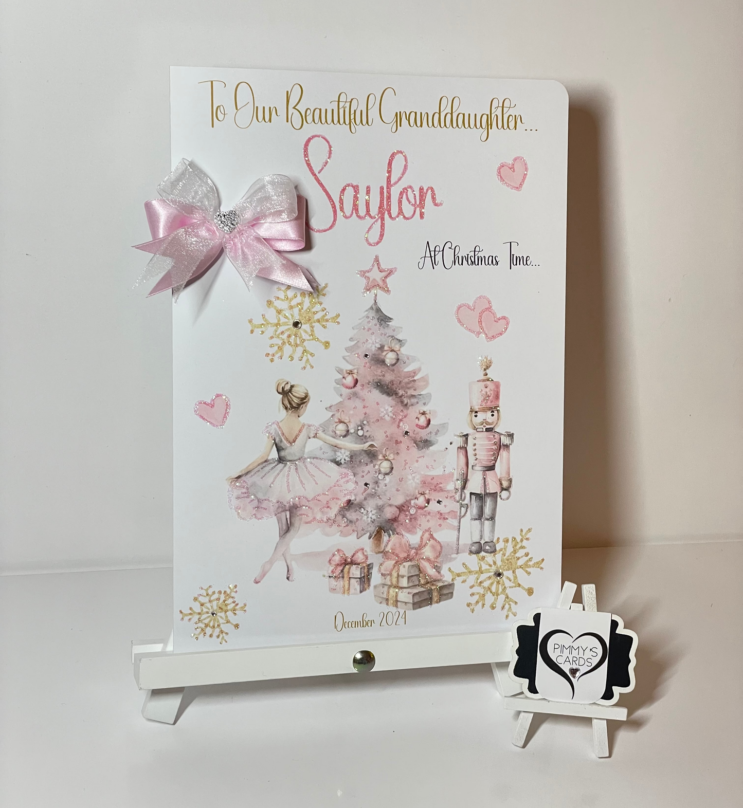 Personalised Christmas cards. Pink nutcracker Christmas tree theme.