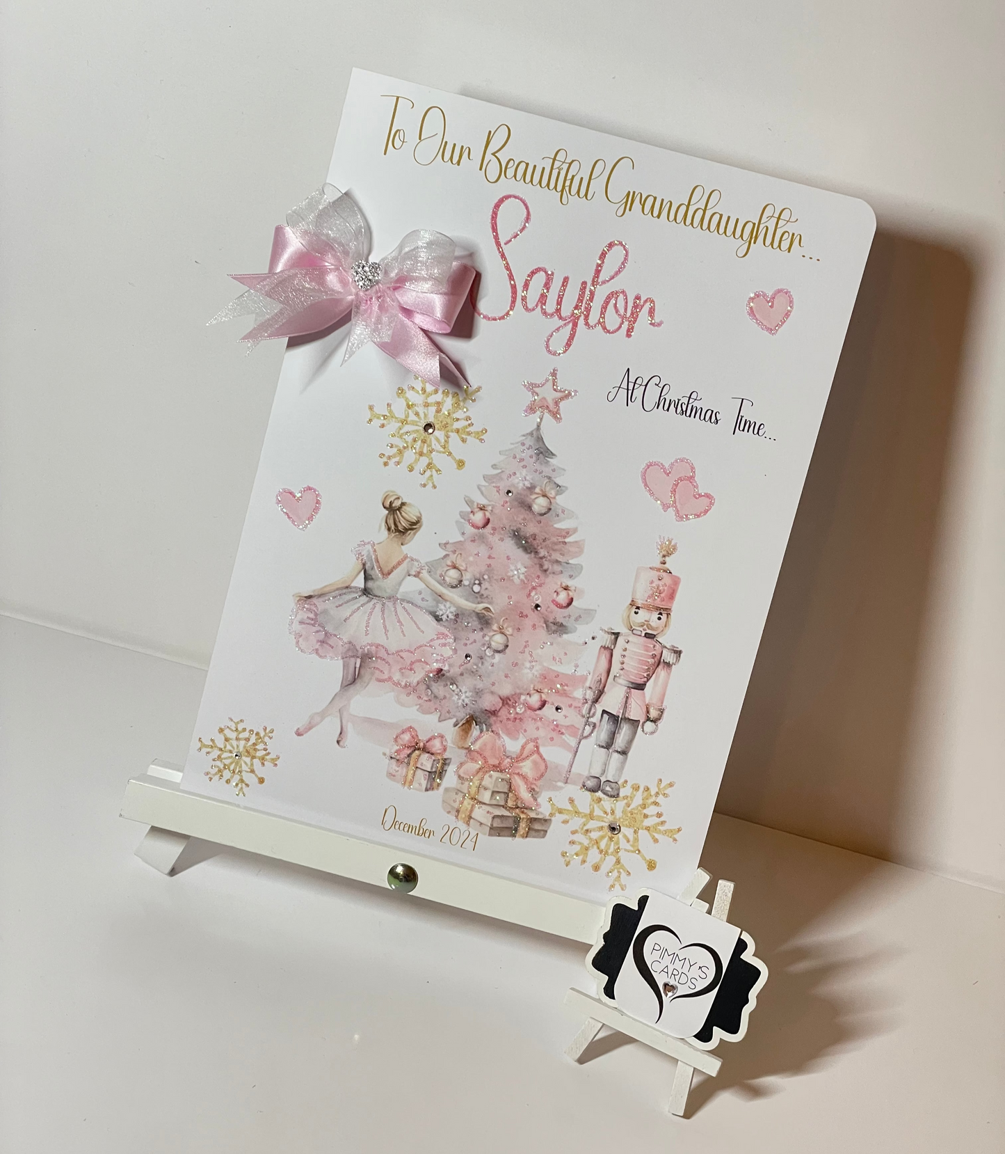 Personalised Christmas cards. Pink nutcracker Christmas tree theme.