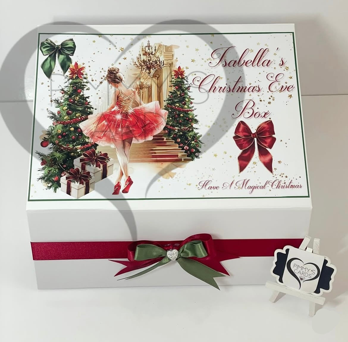 Personalised Christmas eve boxes Christmas themed gift box with Ballerina Nutcracker design and decorative ribbon.