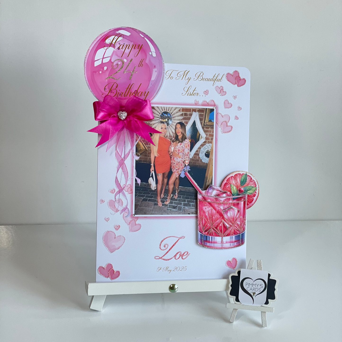 Fuchsia Pink Balloon Cocktail Theme Photo 3D Pop Out Card