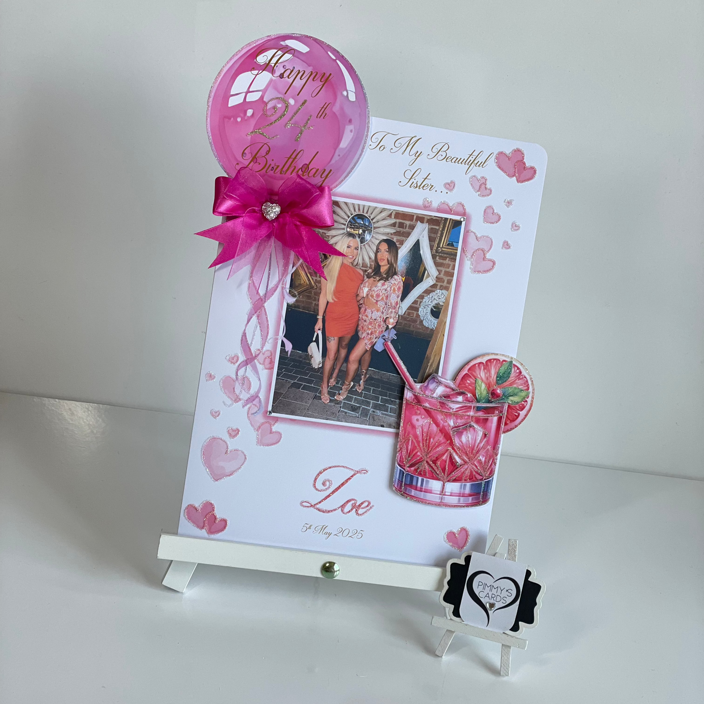Fuchsia Pink Balloon Cocktail Theme Photo 3D Pop Out Card