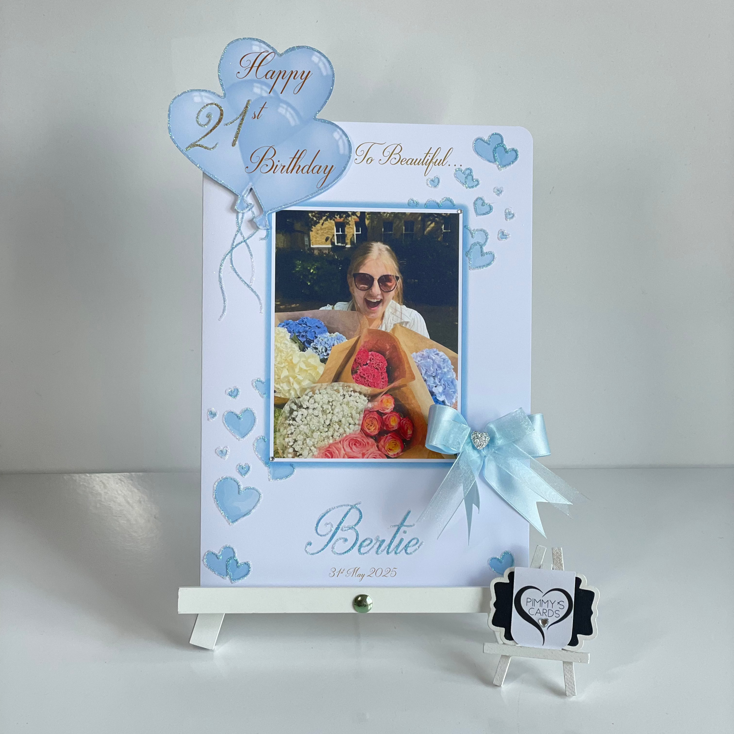 Baby Blue Scattered Hearts 3D Heart Balloons Pop Out Card