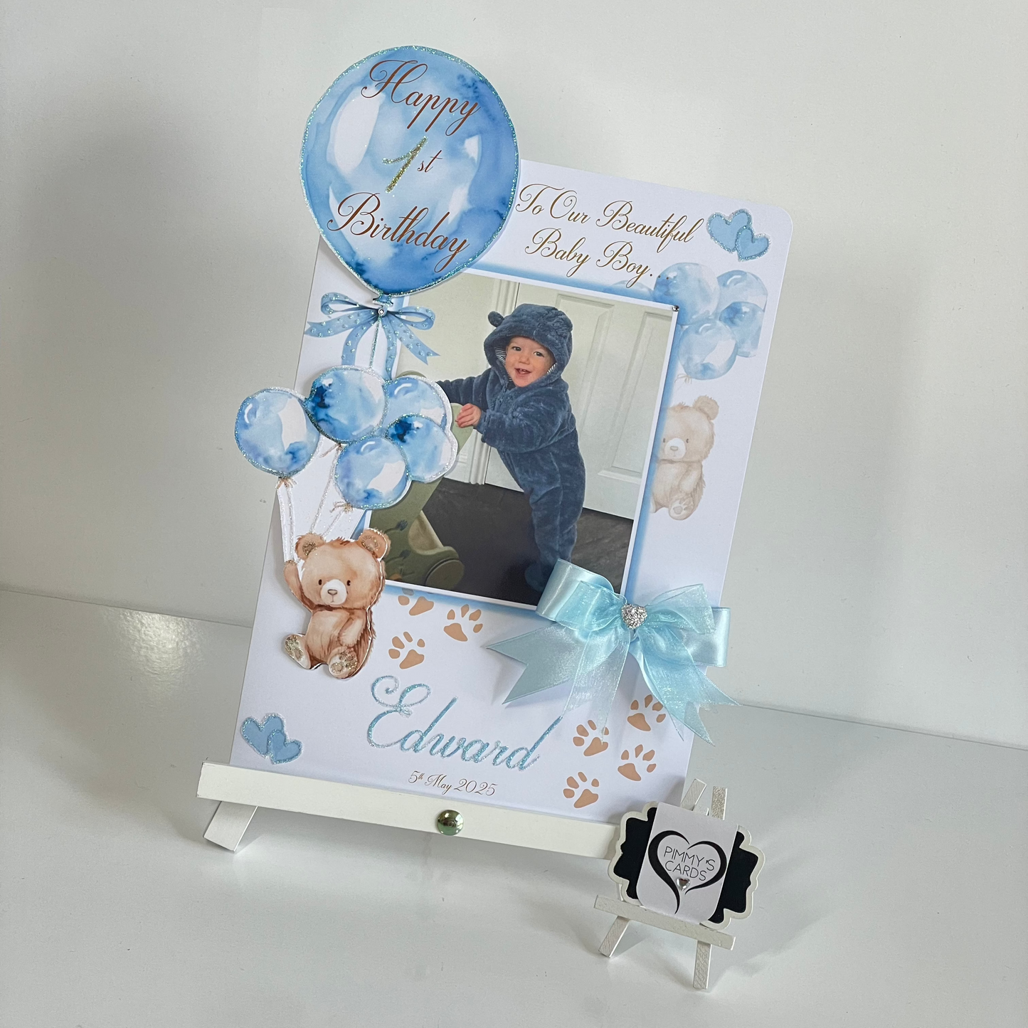 Teddy Bear Holding Blue Balloons Theme 3D Pop Out Card