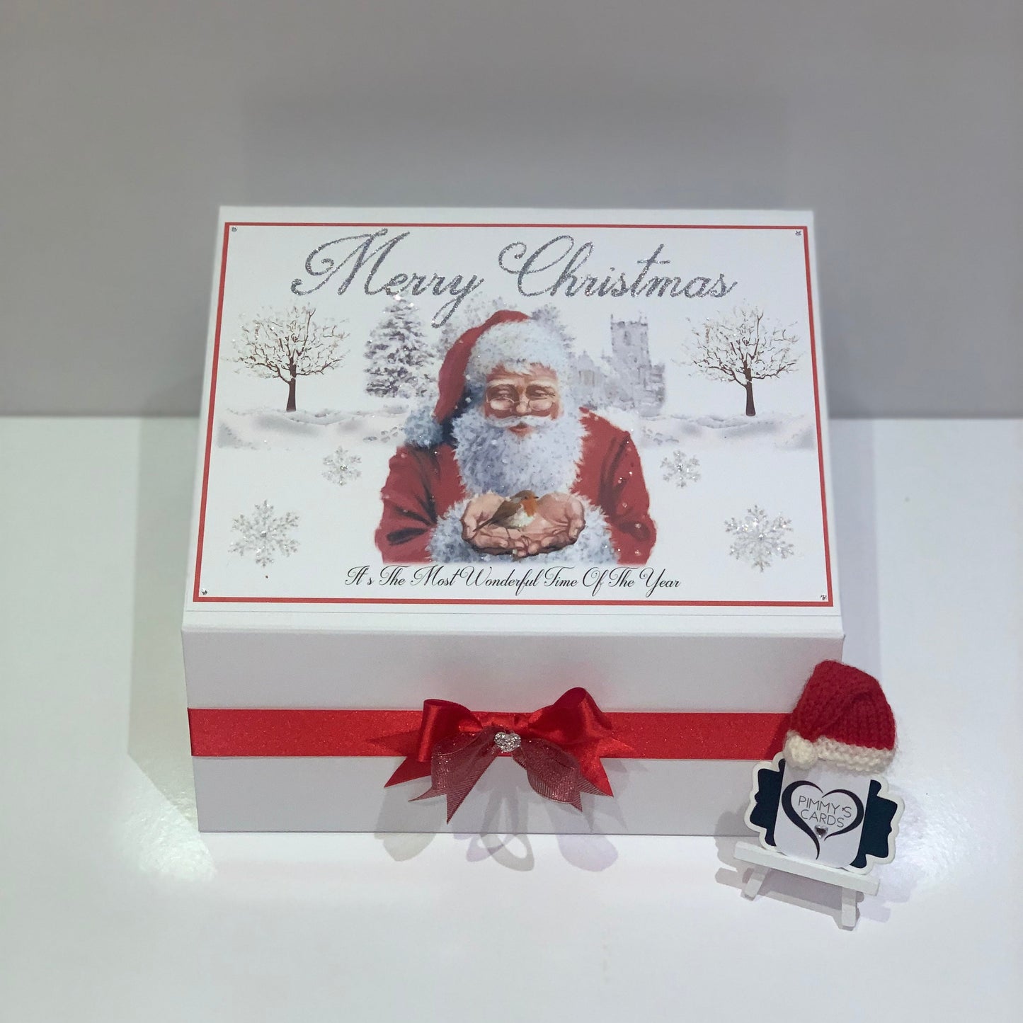 Personalised Christmas Box and Christmas Eve box with father Christmas holding robin.