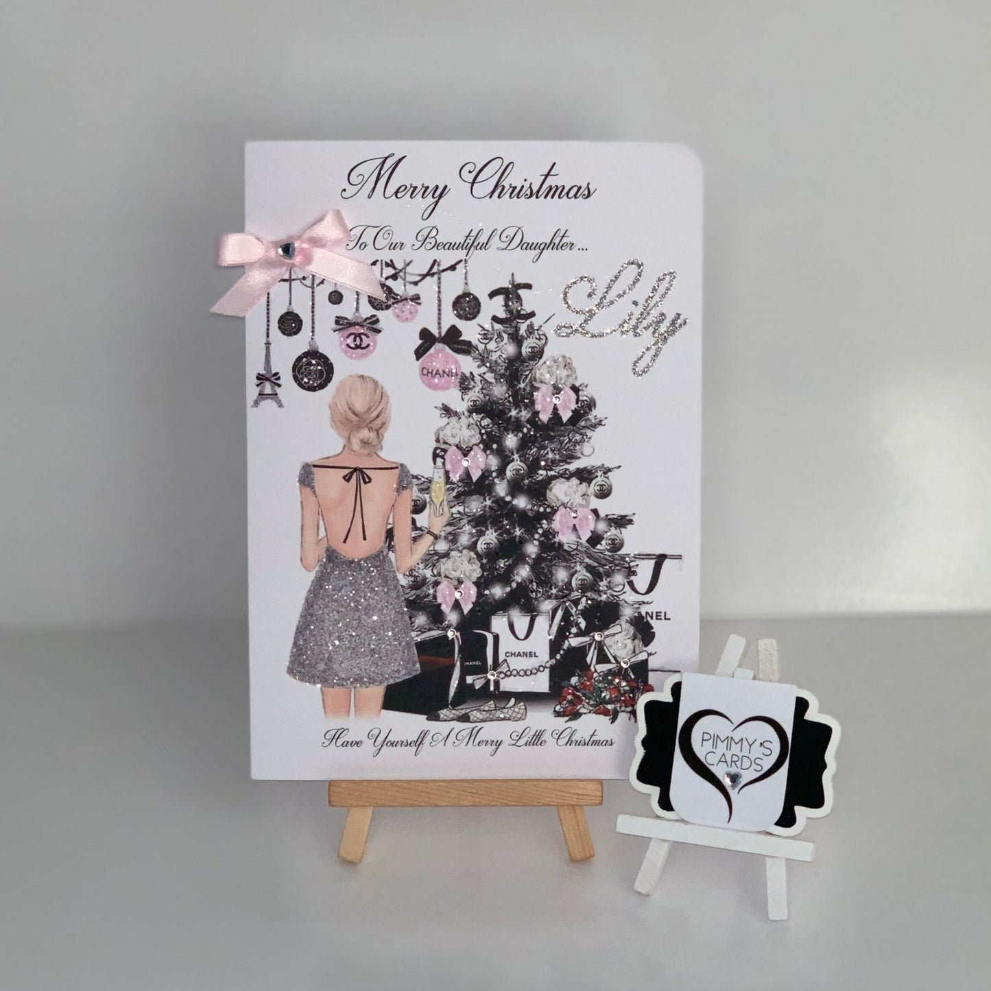 Pink Christmas tree theme bow design card