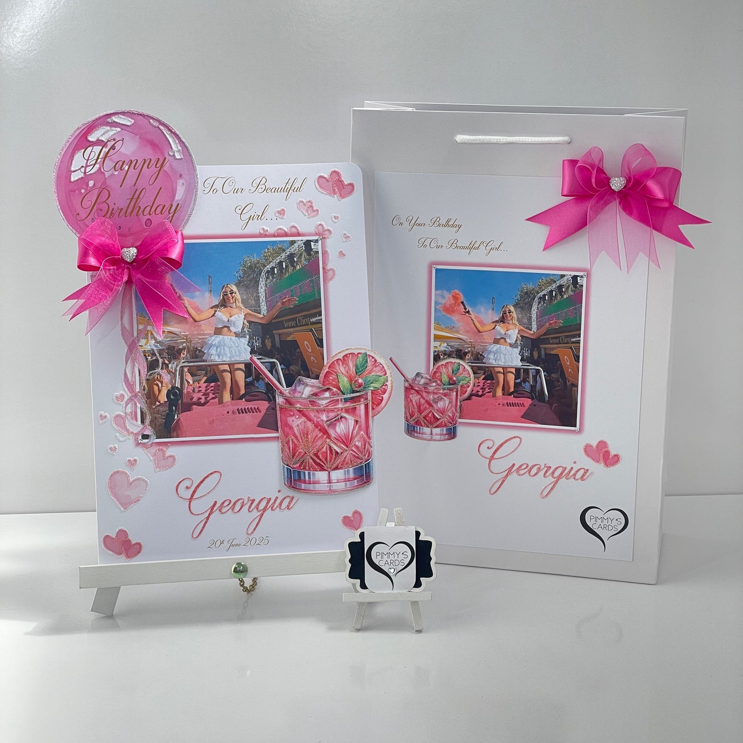 Fuchsia Pink balloon cocktail theme personalised card and matching gift bag for Georgia Kousoulou. Georgia Kousoslou Towie hen do card.