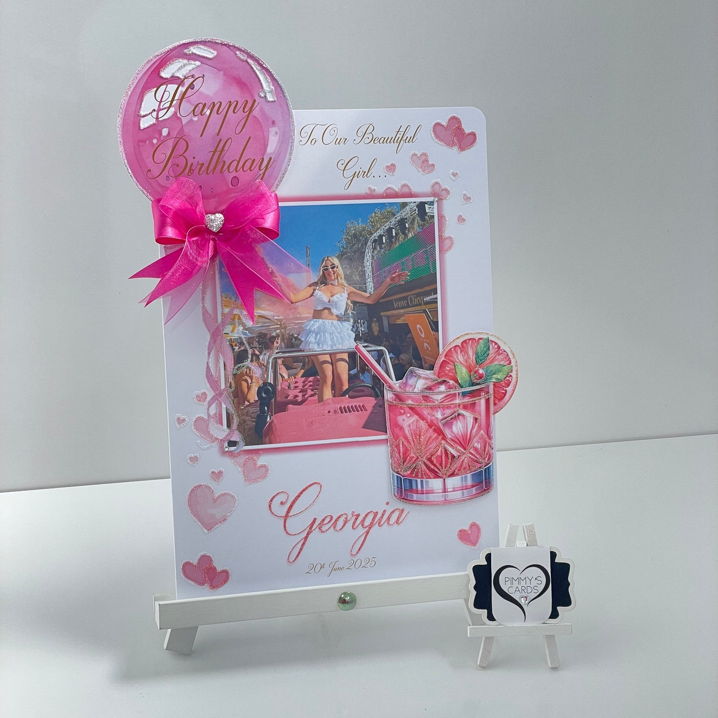 Fuchsia Pink balloon cocktail theme personalised card and matching gift bag for Georgia Kousoulou. Georgia Kousoslou Towie hen do card.