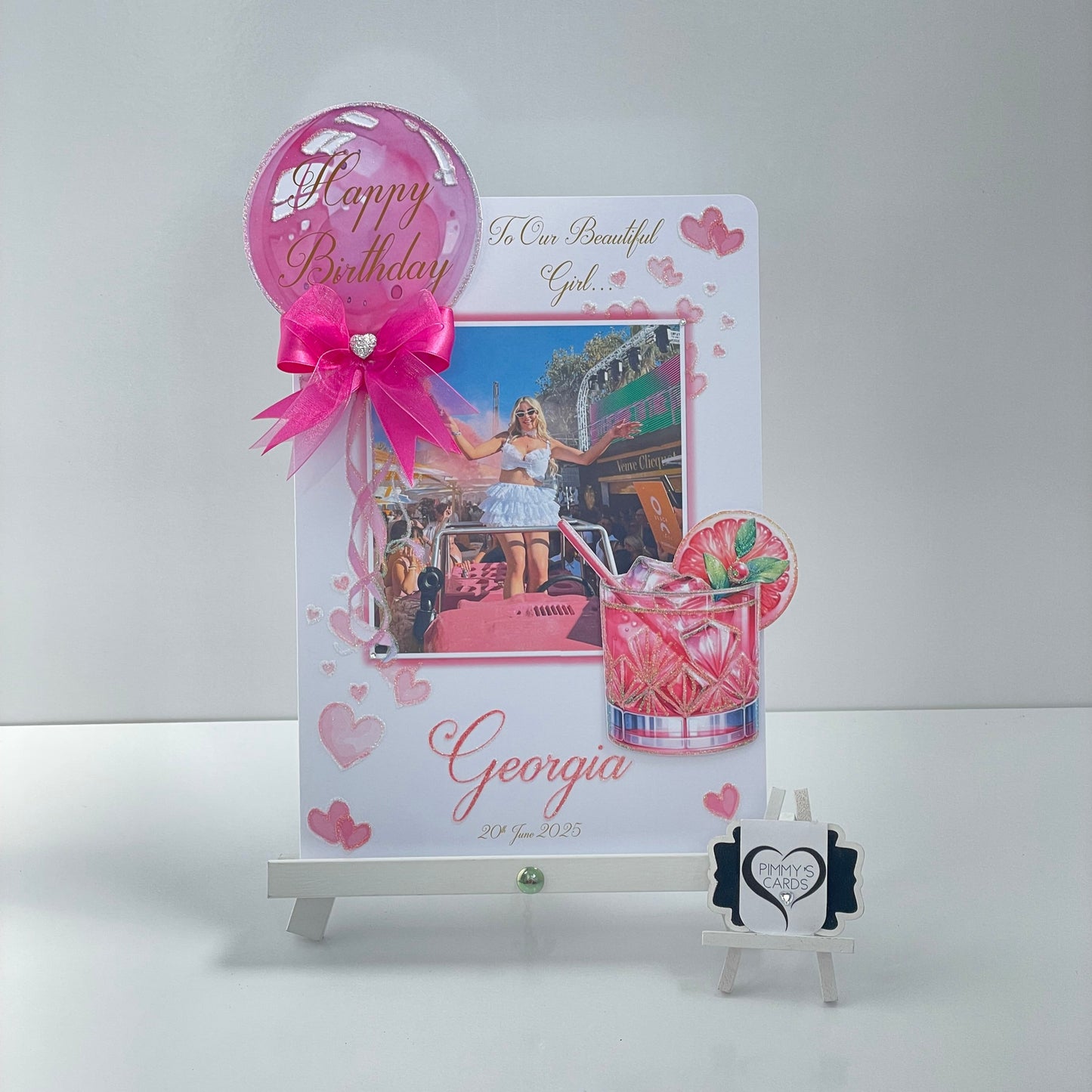 Fuchsia Pink balloon cocktail theme personalised card and matching gift bag for Georgia Kousoulou. Georgia Kousoslou Towie hen do card.