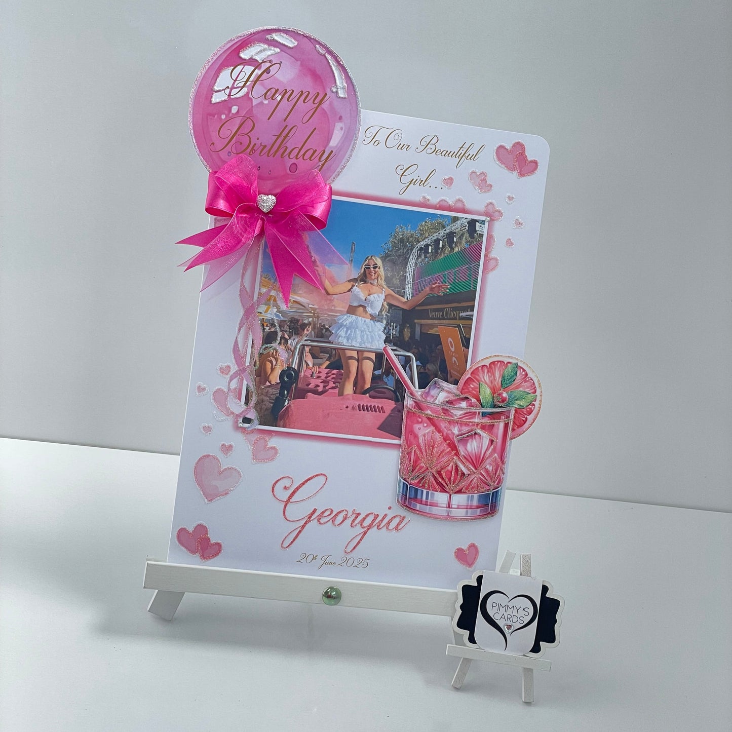 Fuchsia Pink balloon cocktail theme personalised card and matching gift bag for Georgia Kousoulou. Georgia Kousoslou Towie hen do card.