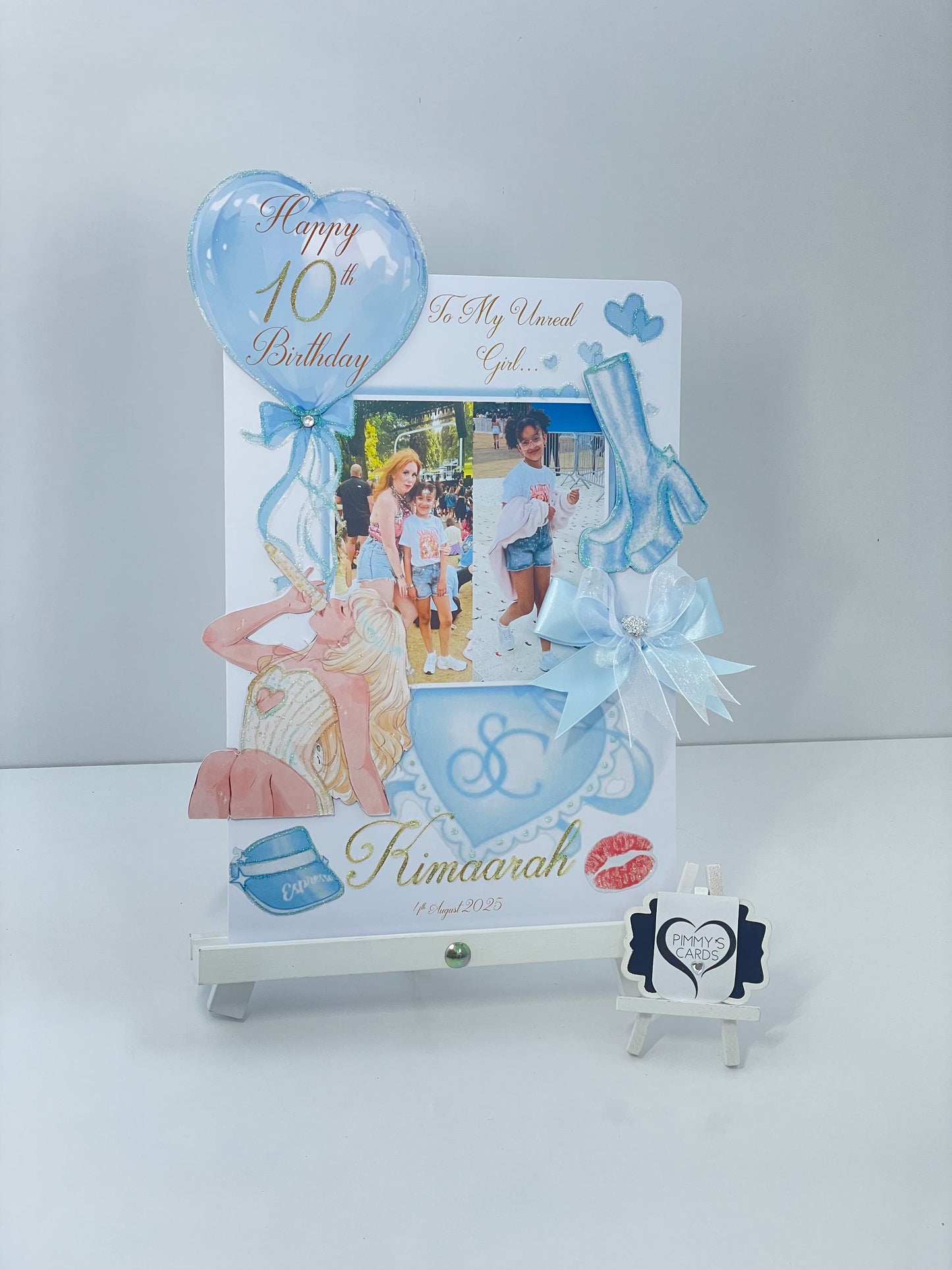 Sabrina Carpenter theme personalised handmade card with matching gift bag.
