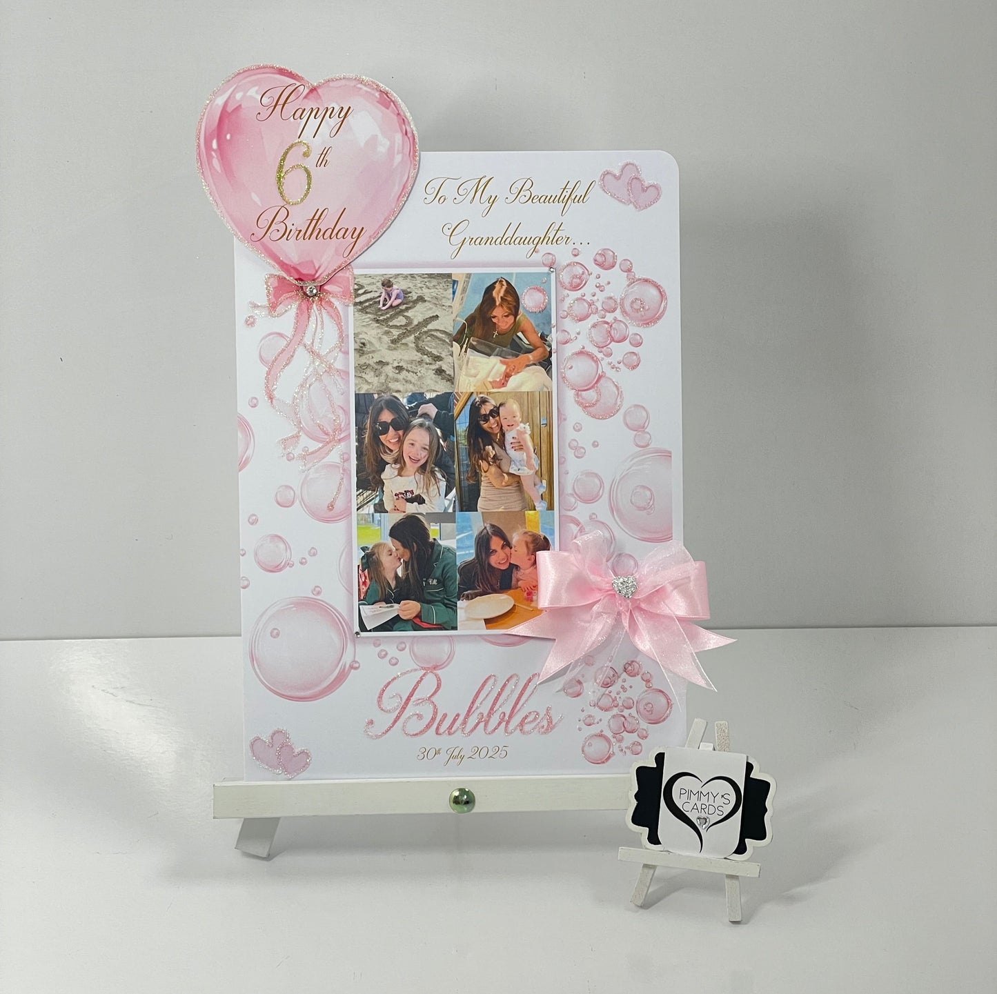 Pink bubbles birthday photo card