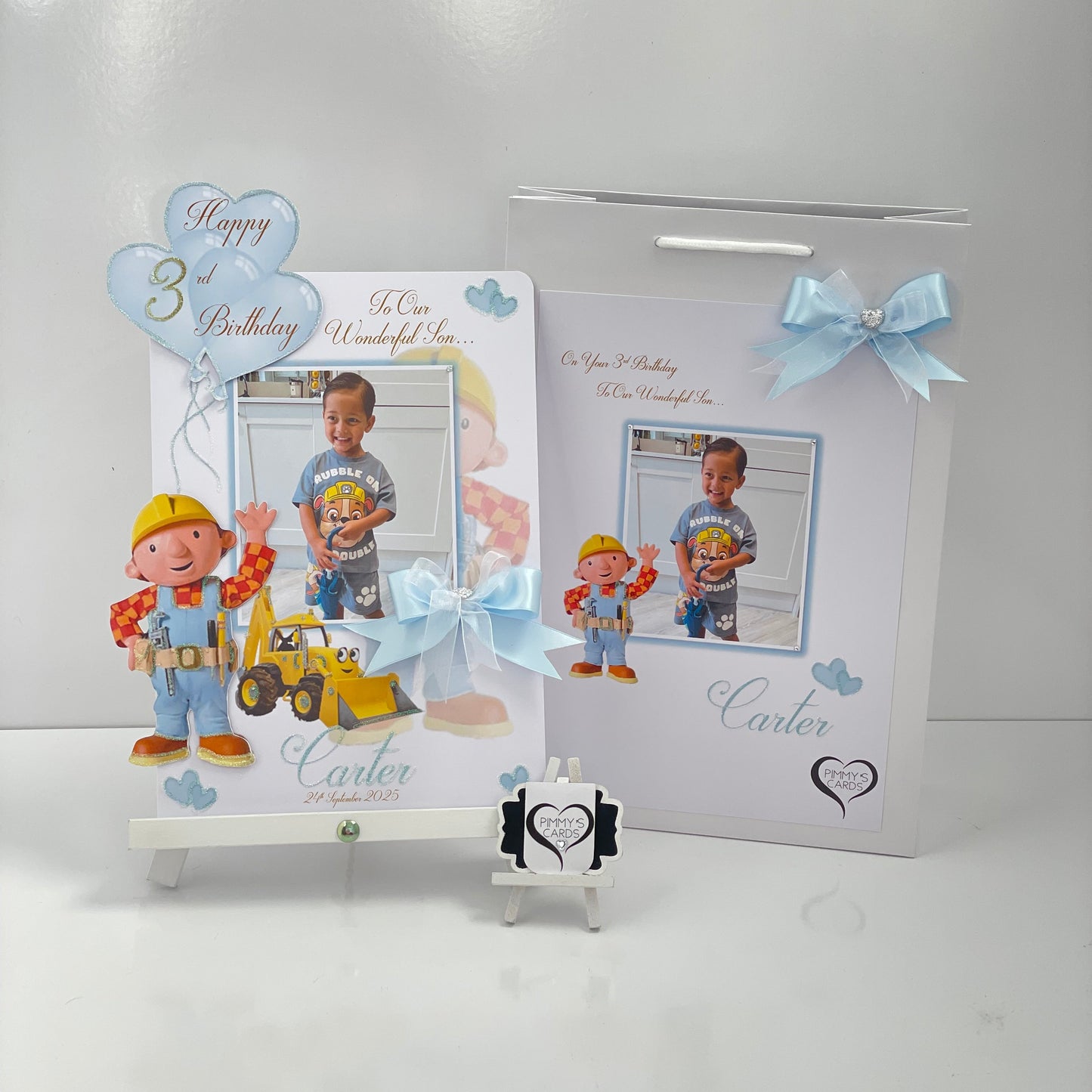 Bob the builder theme personalised birthday card with matching gift bag