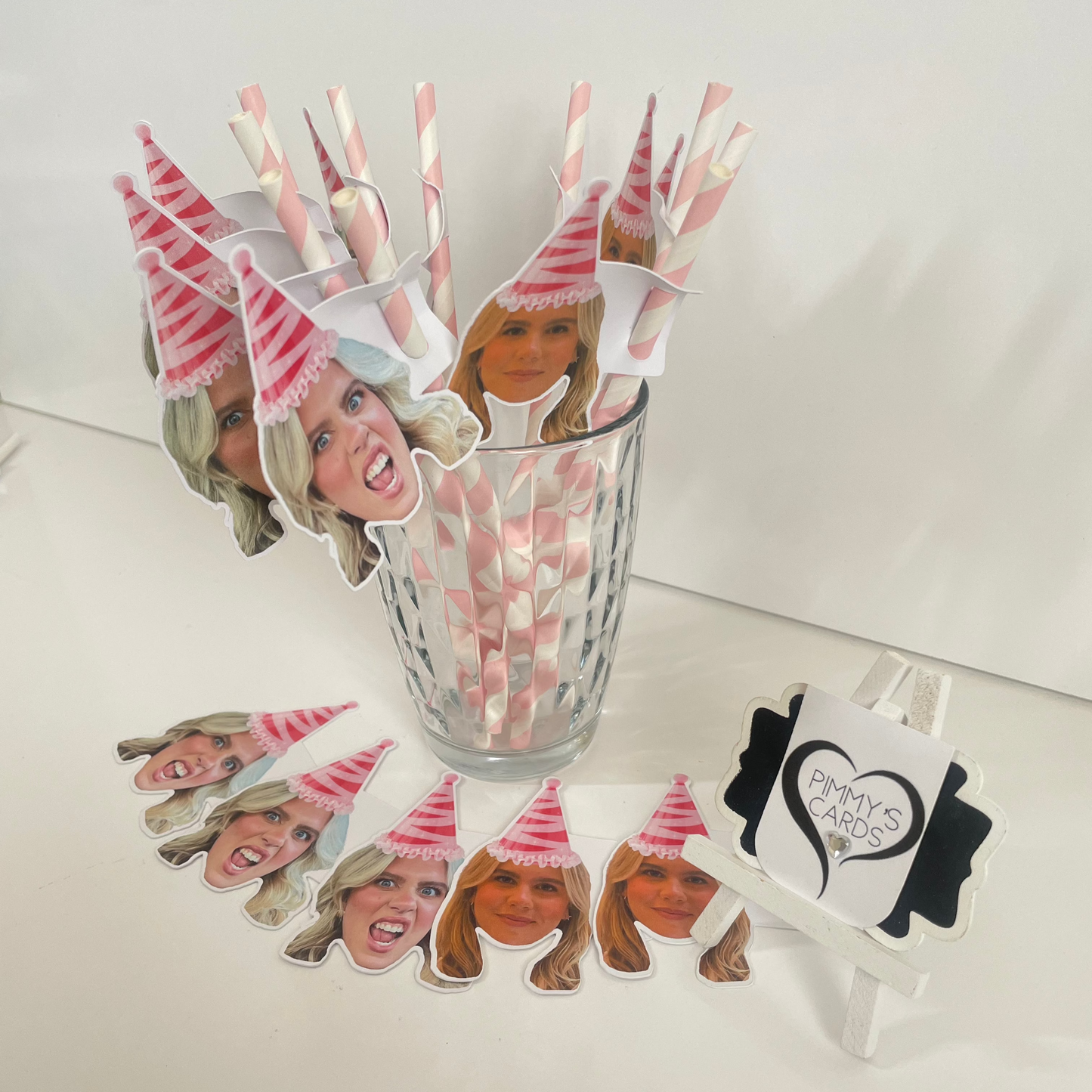 Personalised Face Straw Toppers - Pink Party Hat - Pack Of 16 Faces