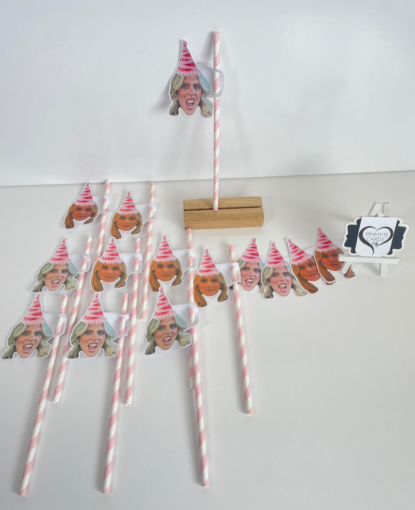 Personalised Face Straw Toppers - Pink Party Hat - Pack Of 16 Faces