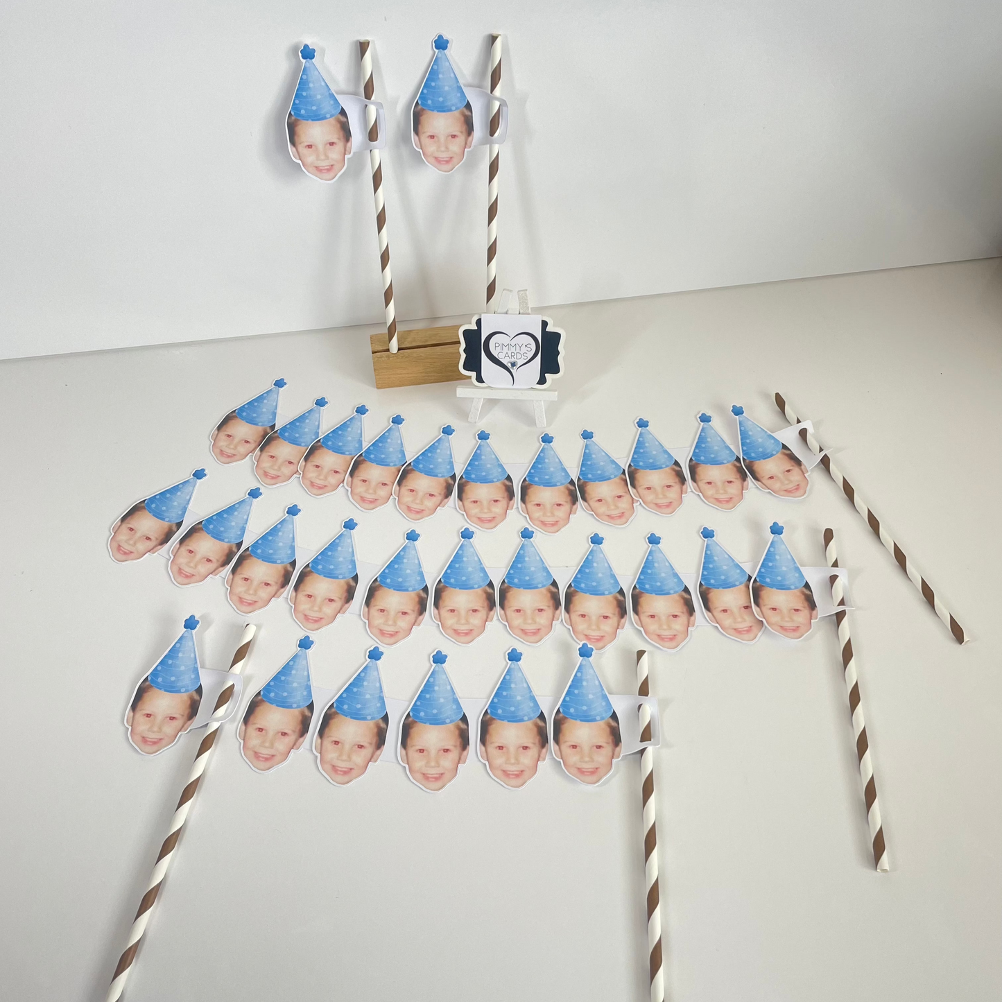 Personalised Face Straw Toppers - Blue Party Hat - Pack Of 16 Faces