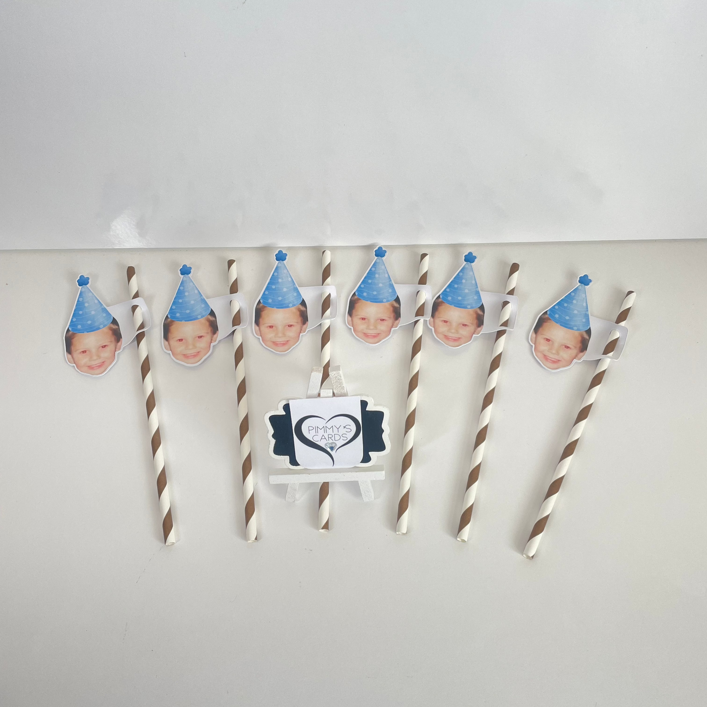 Personalised Face Straw Toppers - Blue Party Hat - Pack Of 16 Faces