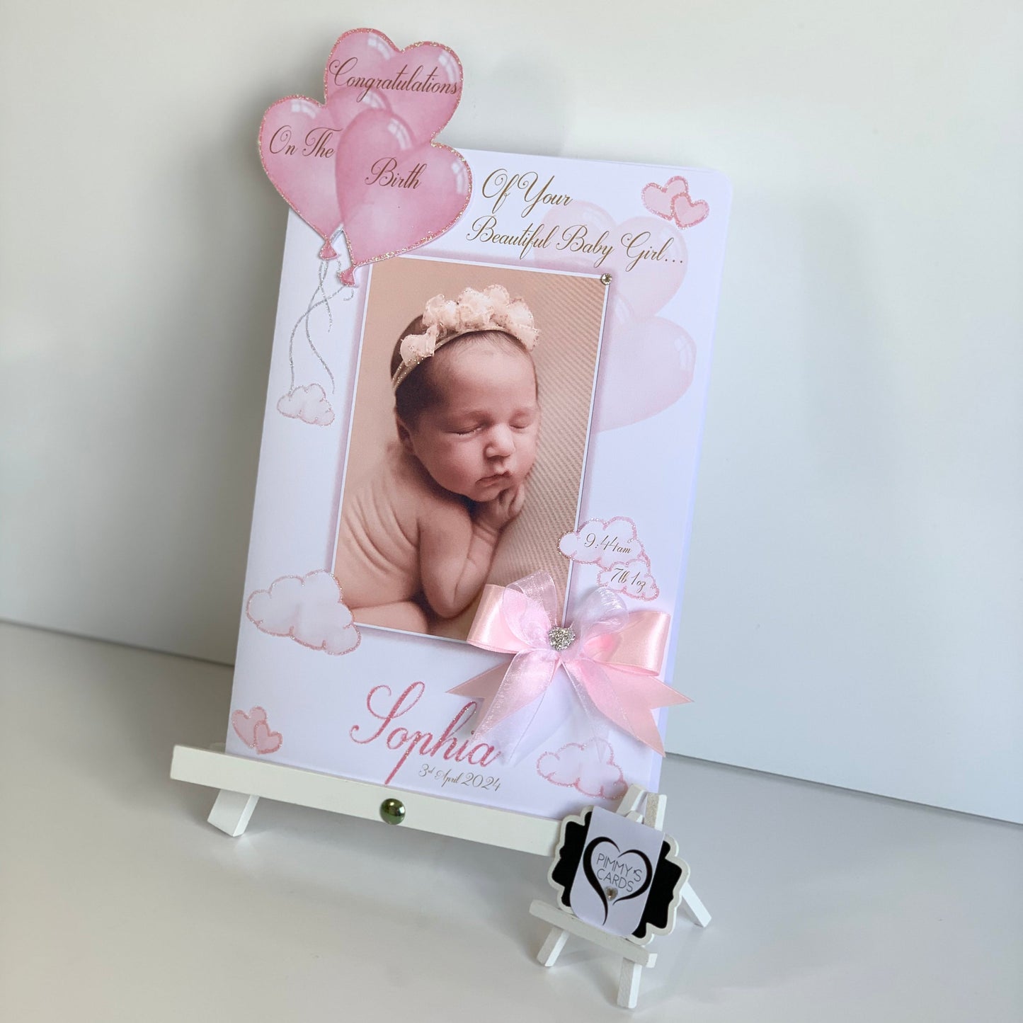 New Born Baby Girl Pink 3D Heart Balloons Pop Out Card