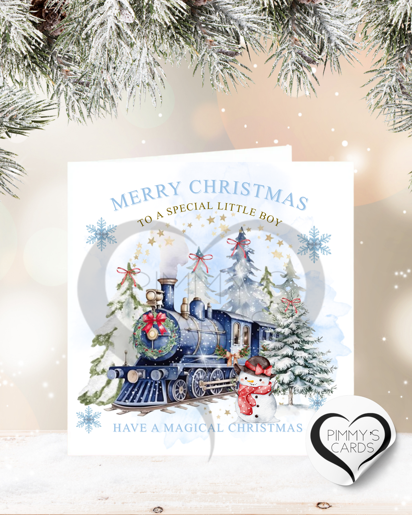 Personalised Christmas card with blue polar express train. Christmas Children cards