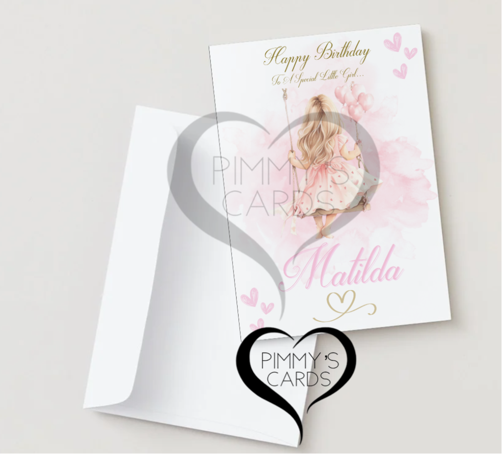 Personalised Children birthday cards little blonde girl and brown hair girl Pink theme