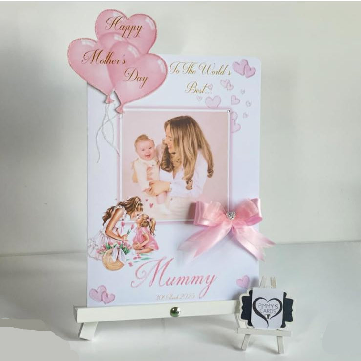 Pink Heart Balloon Mum With Little Girl & Tulip Flowers Photo 3D Pop Out Card