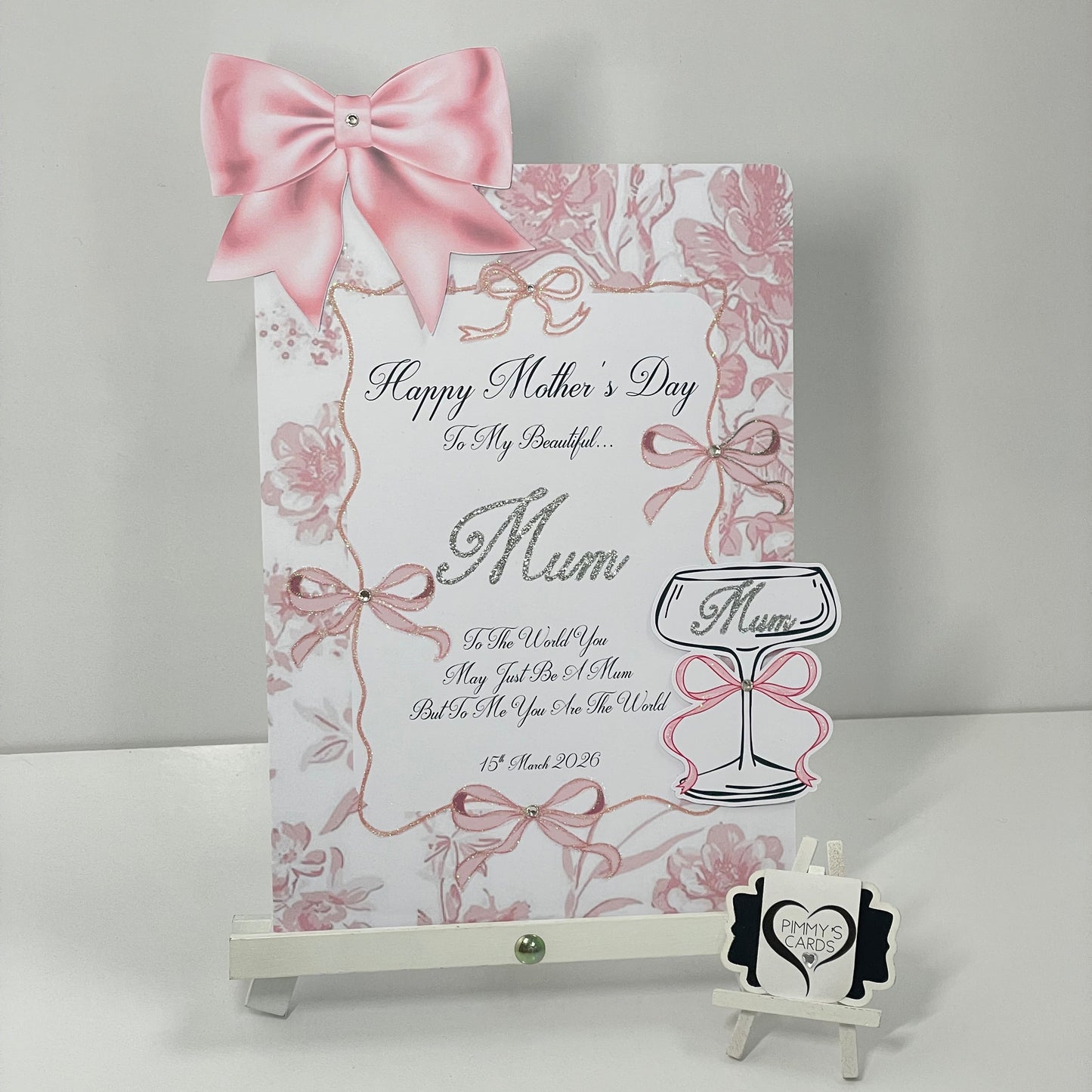 Pink Bow Toile Theme 3D Cocktail Glass Pop Out Card