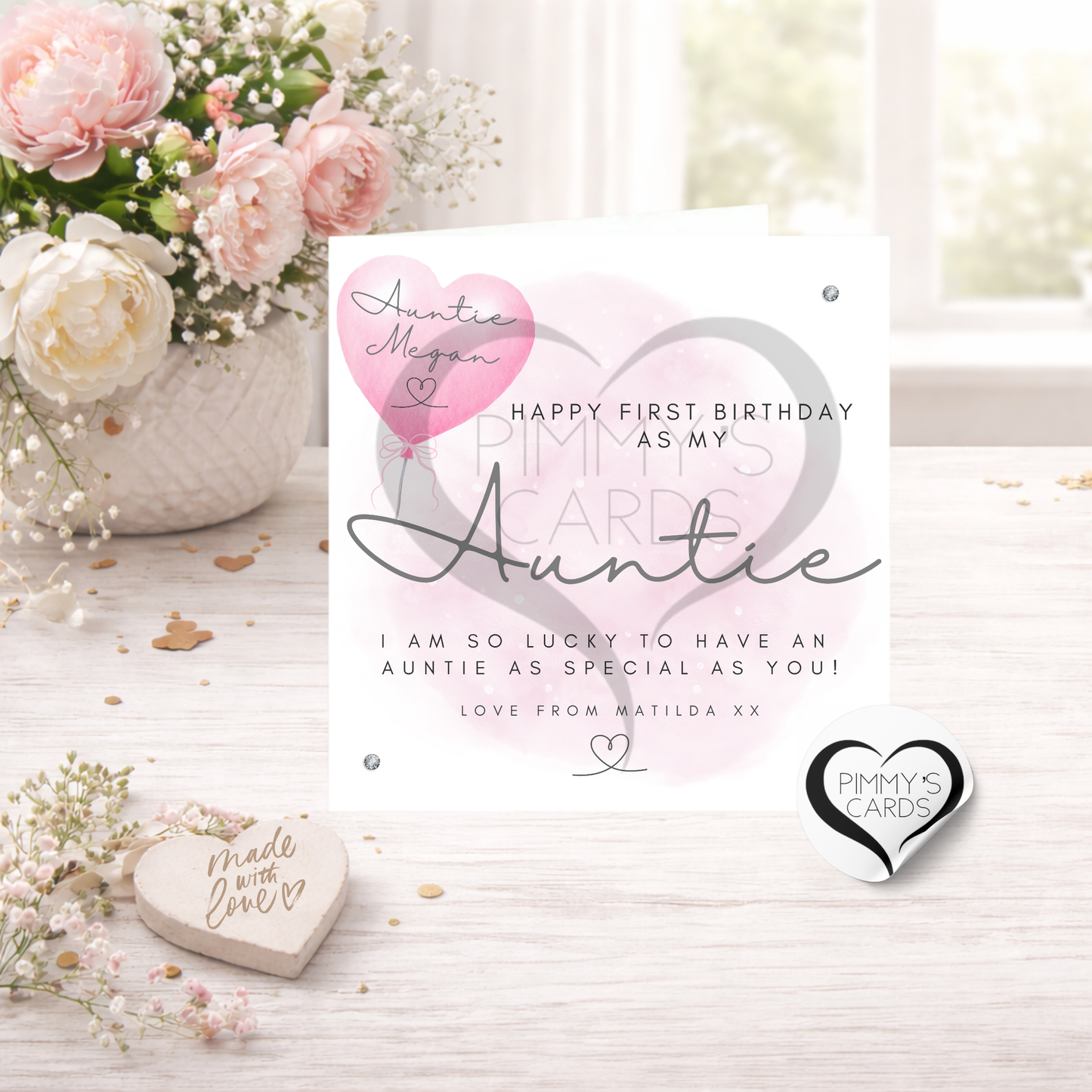 First Birthday As My Auntie Pink Balloon-Classic Card