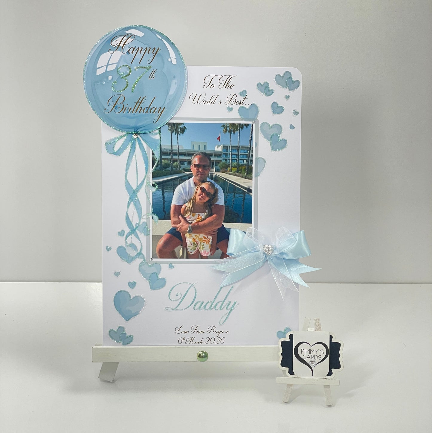 Baby Blue Balloon Scattered Hearts Theme Photo 3D Pop Out Card