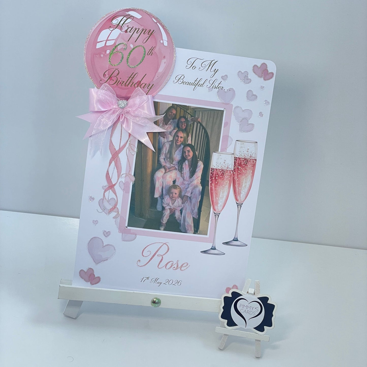 Pink Balloon & Champagne Glasses Theme Photo 3D Pop Out Card