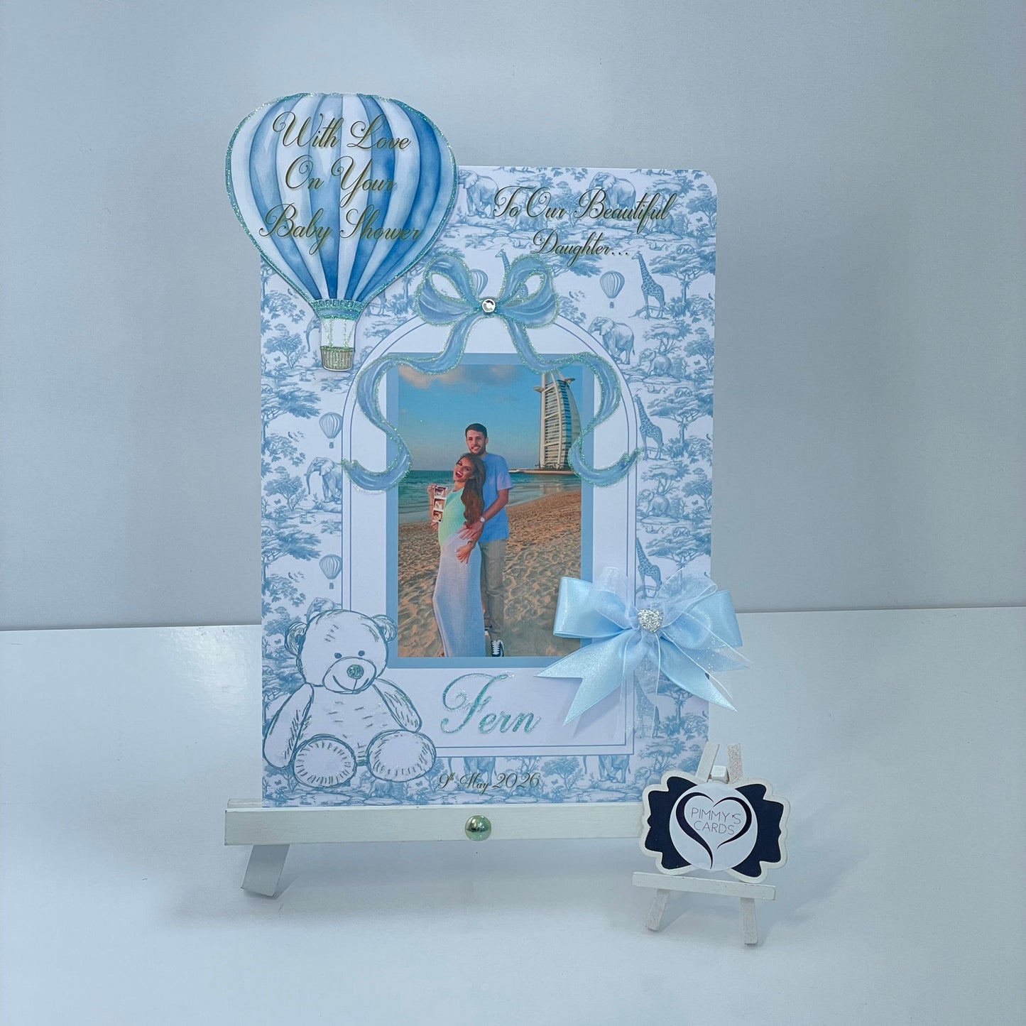 Blue Toile Hot Air Balloon & Teddy  3D Pop Out Card