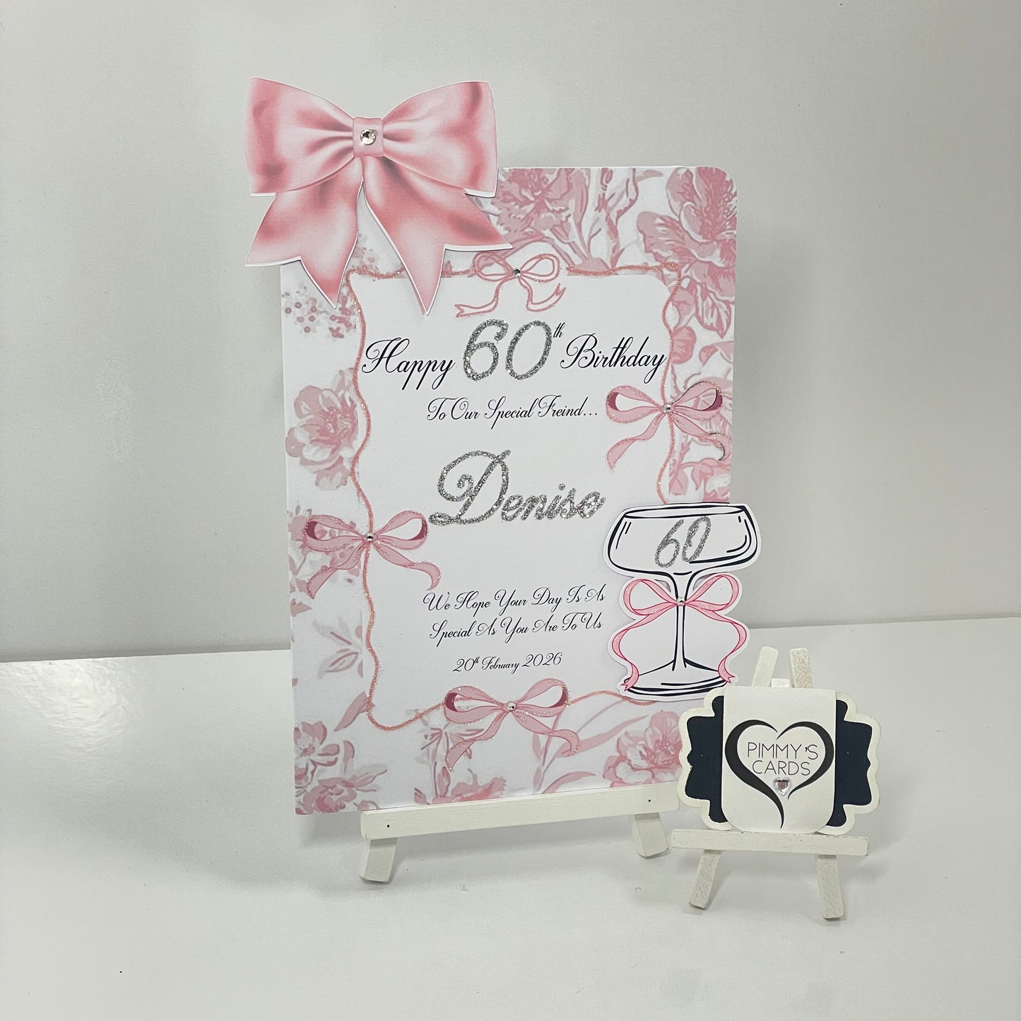 Pink Bow Toile Theme 3D Cocktail Glass Pop Out Card-A5 Small Card With Matching Gift Bag