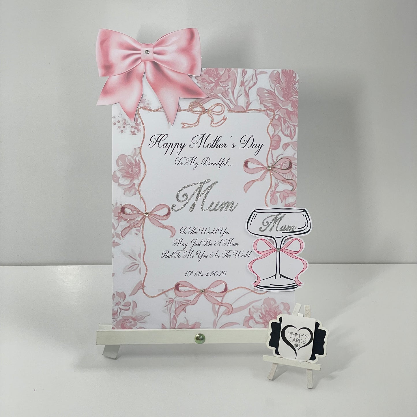 Pink Bow Toile Theme 3D Cocktail Glass Pop Out Card