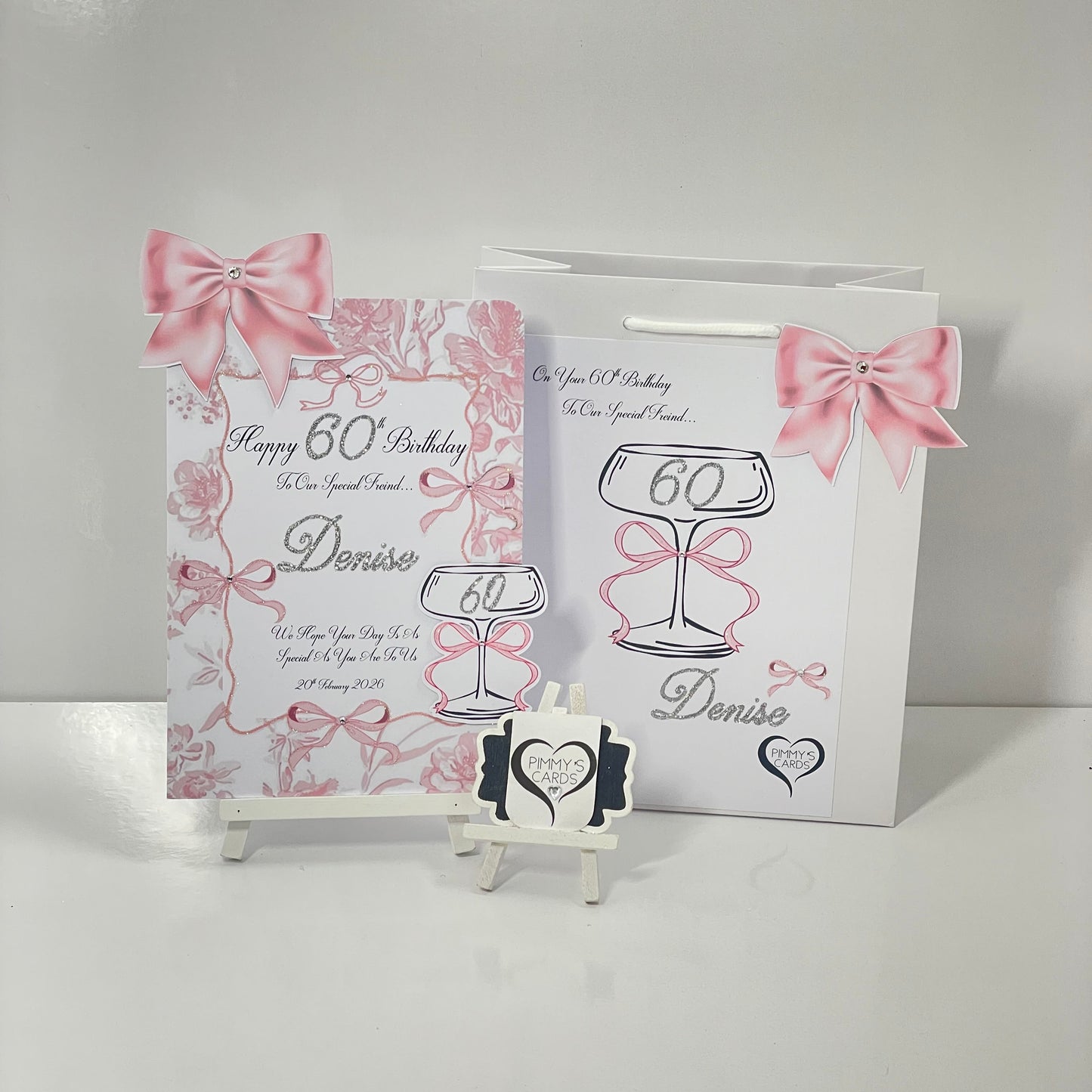 Pink Bow Toile Theme 3D Cocktail Glass Pop Out Card-A5 Small Card With Matching Gift Bag