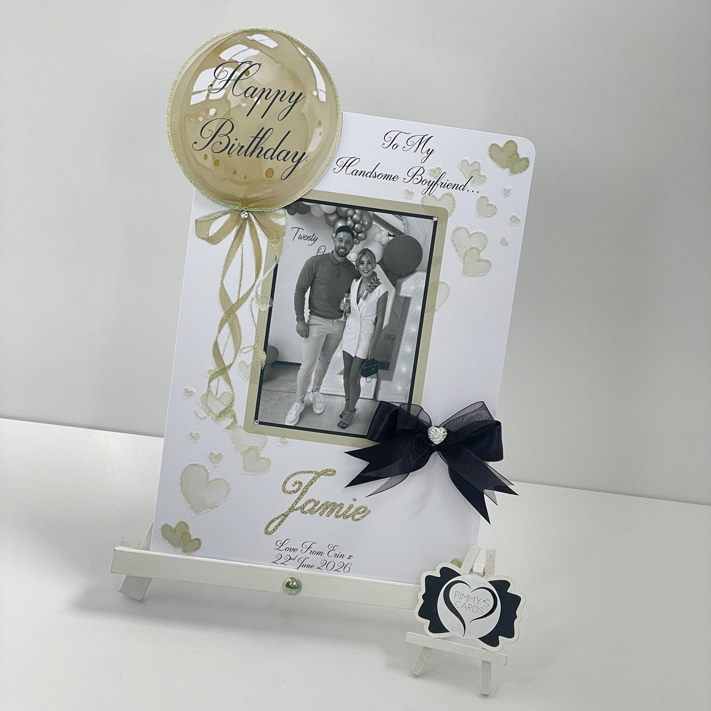 Black & Gold Theme - Gold Balloon Scattered Hearts Photo 3D Pop Out Card